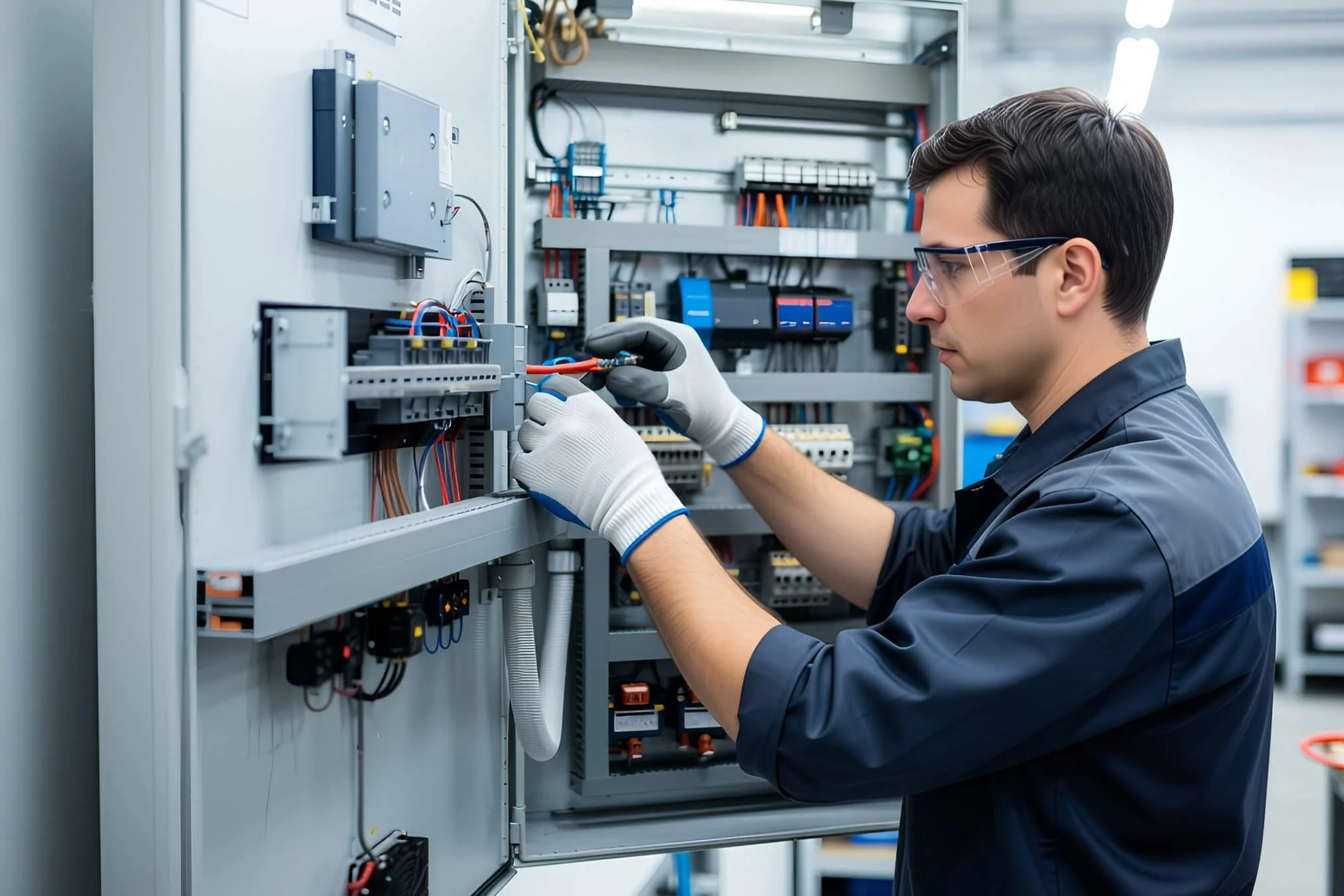A technician wearing safety glasses and gloves works on electrical wiring inside a large grey control panel or electrical box in an industrial or manufacturing setting.