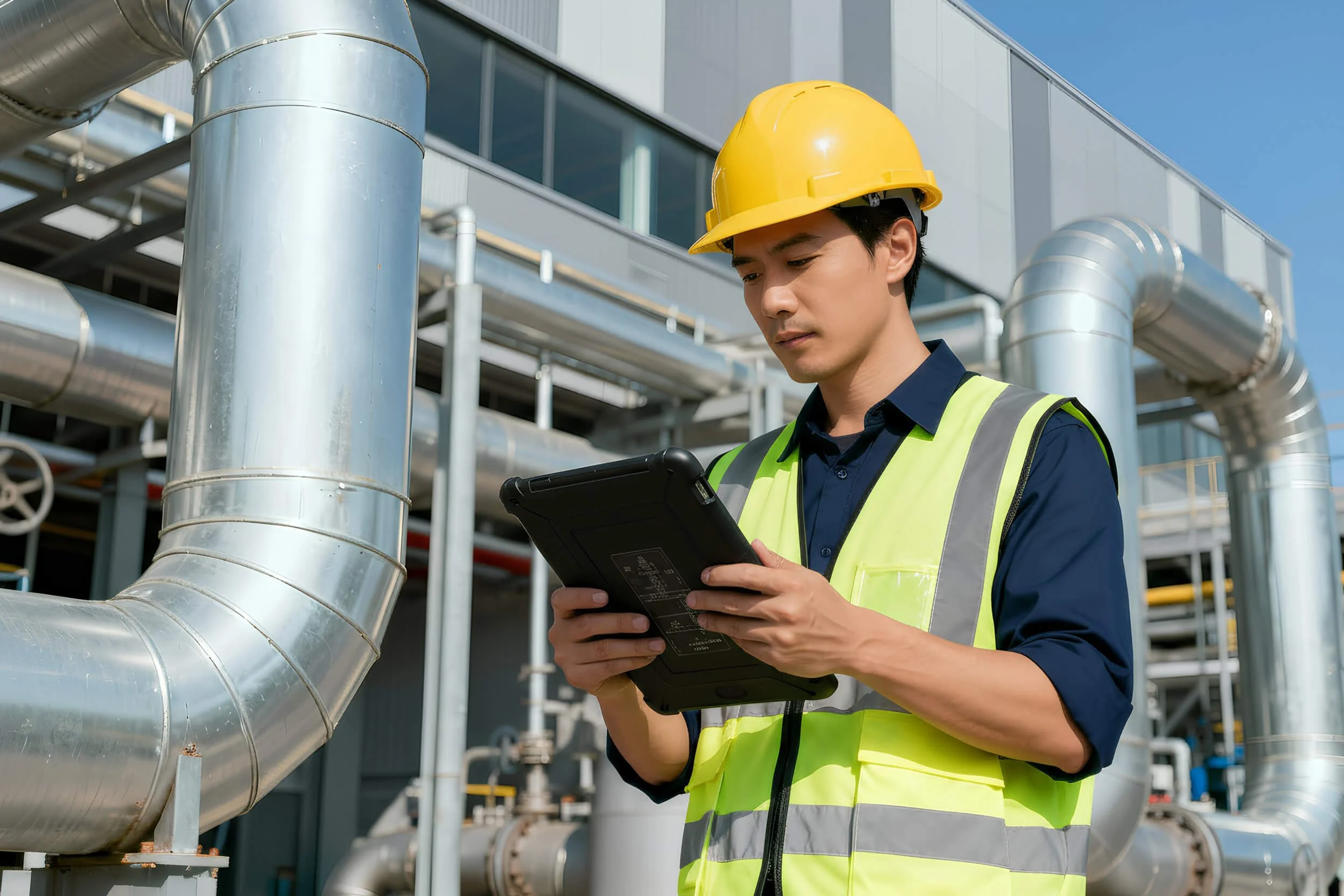 A man wearing a yellow safety helmet and a yellow high-visibility vest inspecting industrial pipes outdoors using a tablet computer.