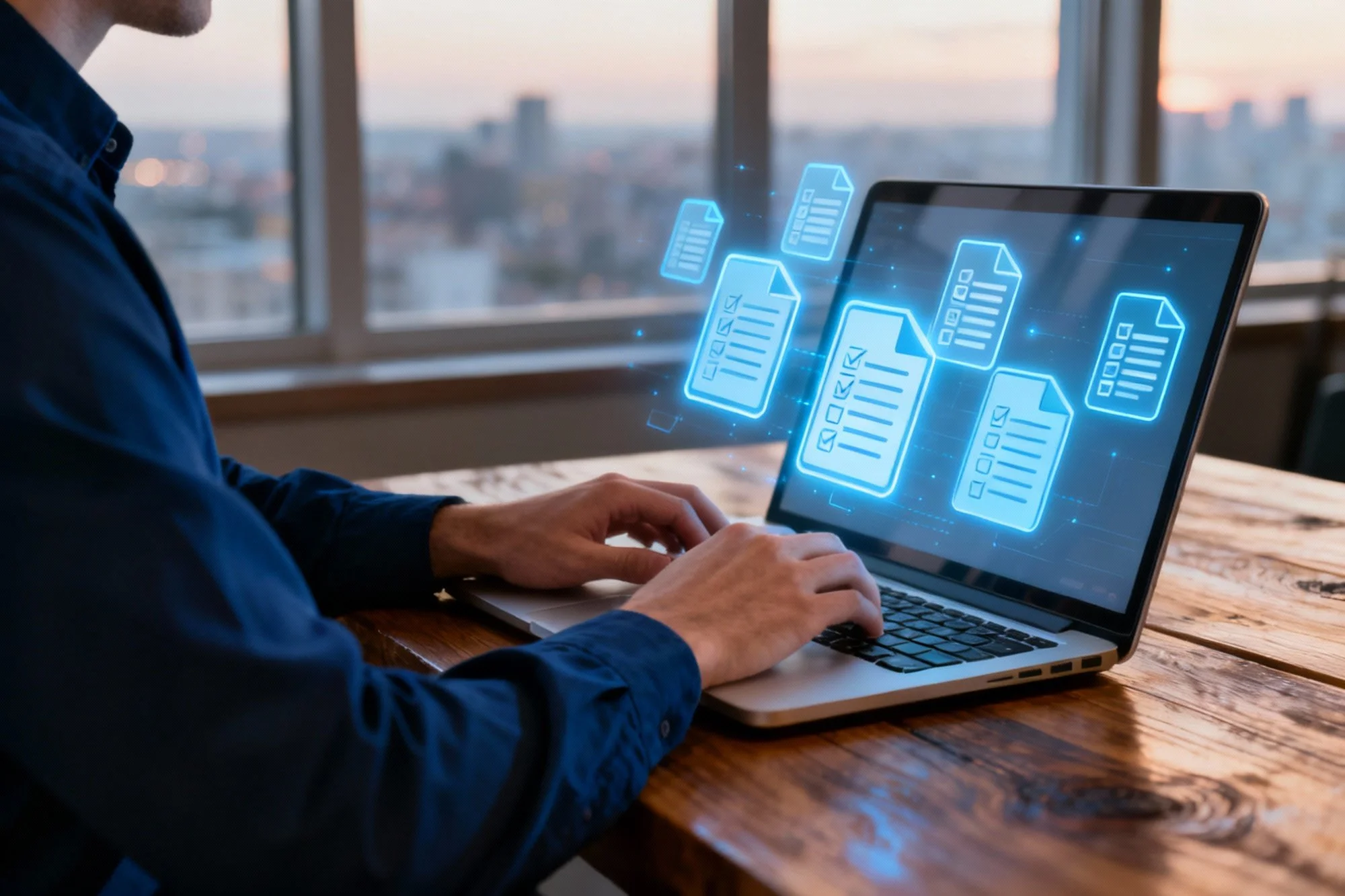 A person using a laptop with holographic graphics of digital file icons floating above the keyboard, in a room with large windows at sunset.