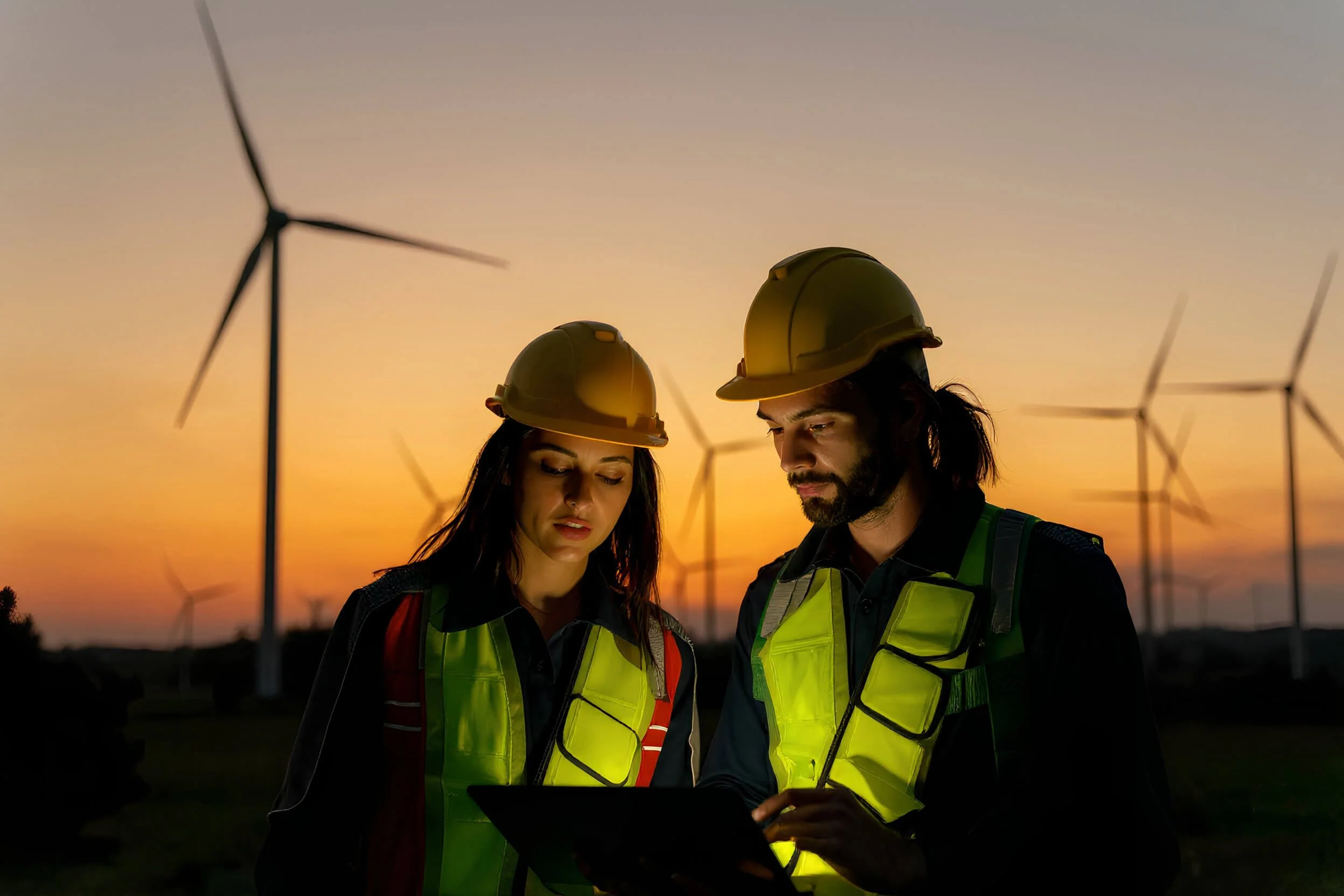 Two workers wearing helmets and safety vests examining a tablet outdoors at sunset with wind turbines in the background.
