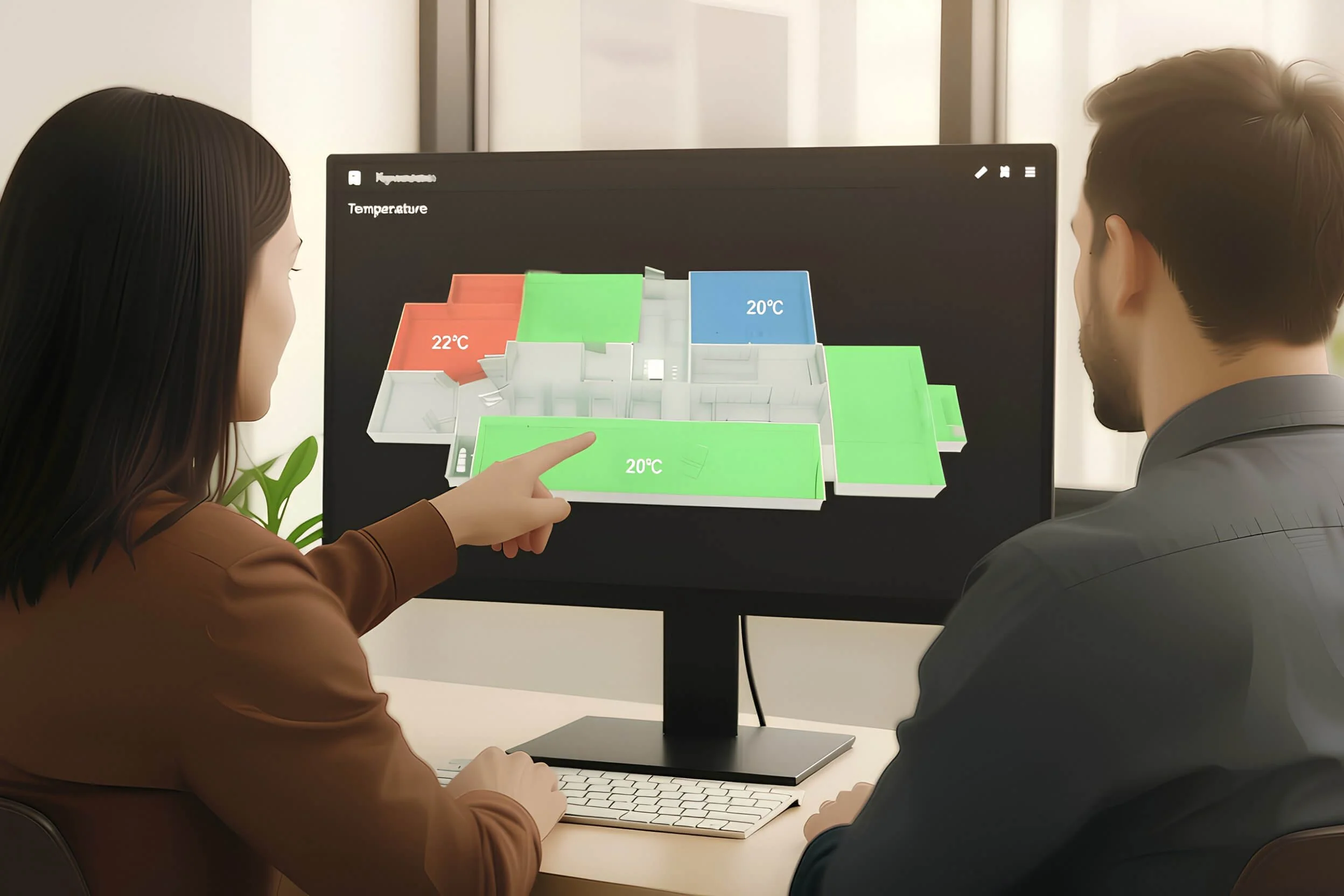 Two people are sitting at a desk looking at a computer monitor displaying a 3D floor plan with temperature readings of 22°C and 20°C. One person's finger is pointing at the plan, and one person is using a keyboard.