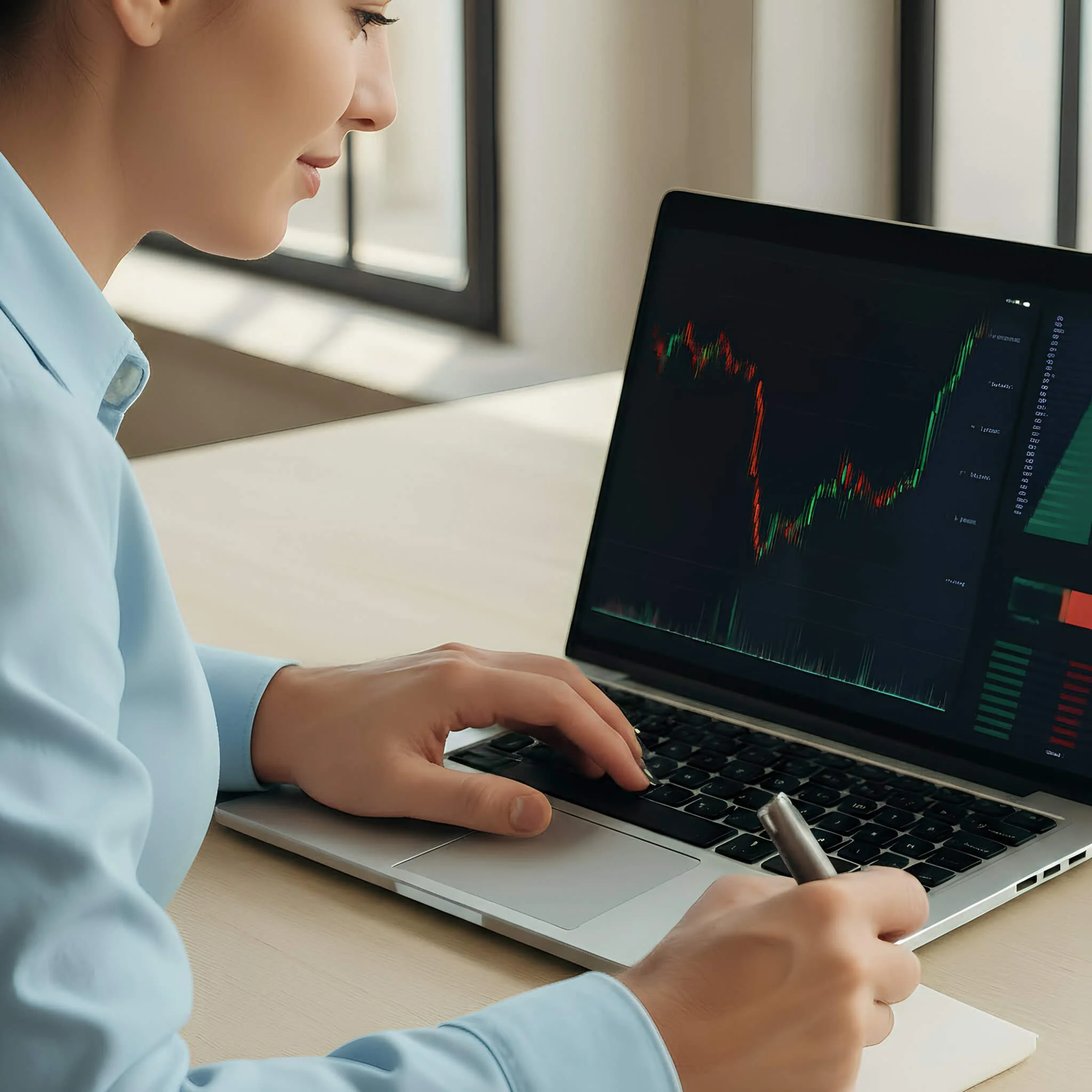 A woman in a light blue shirt is working on a laptop, analysing stock market charts with red and green candlestick patterns.