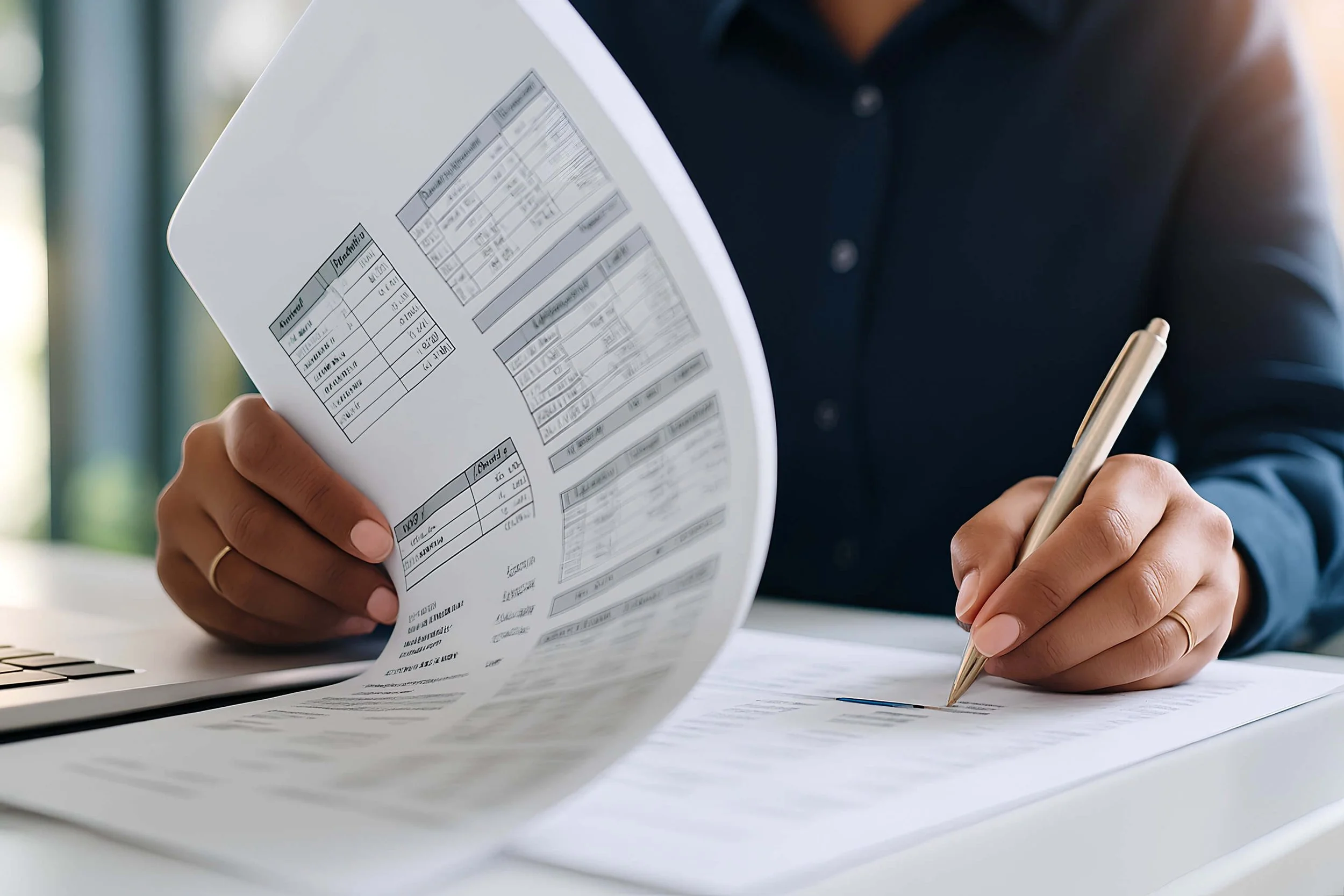 Person holding a printed document while writing on paper with a pen, with a laptop keyboard visible on the desk.