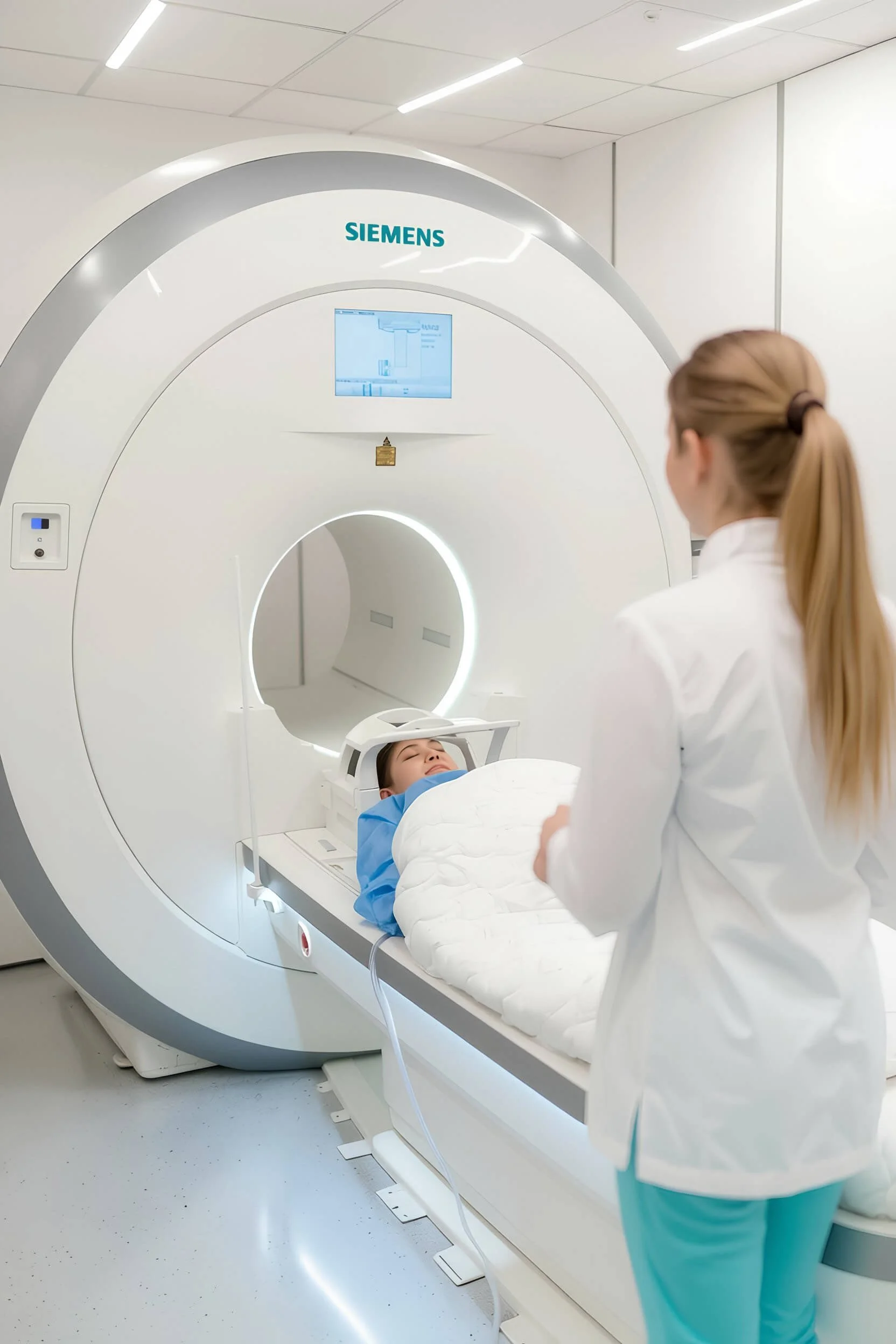 A person lying down inside a medical imaging machine, with a healthcare professional preparing to operate it in a brightly lit, modern room.