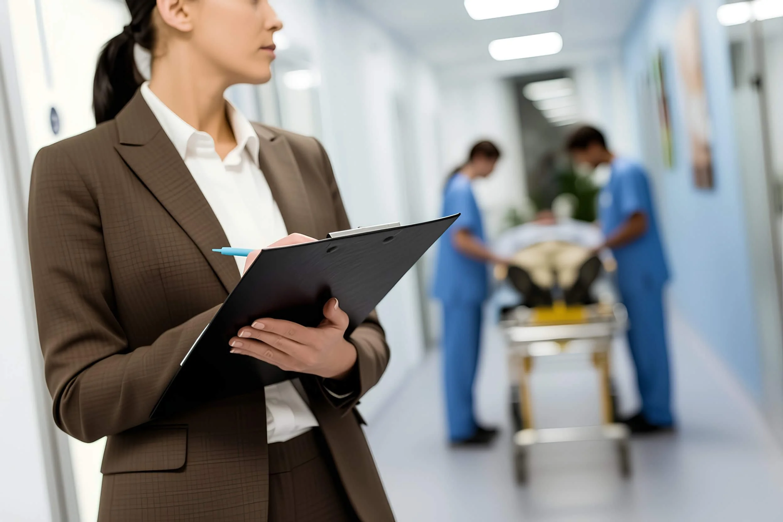 A professional woman in a brown suit holding a clipboard and pen in a hospital corridor. In the blurred background, healthcare workers in scrubs are attending to a patient on a stretcher.