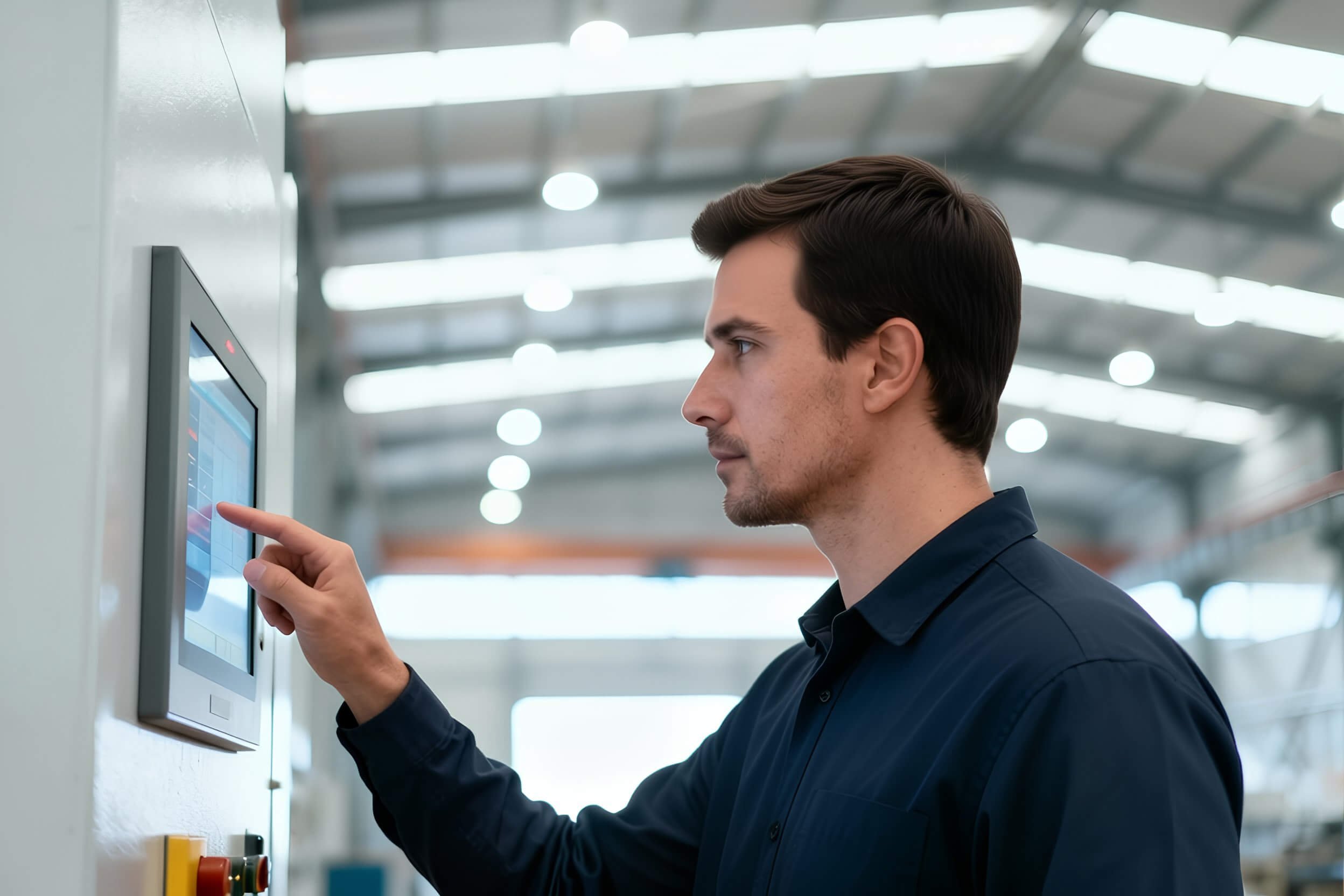 A man with dark hair and a dark shirt interacts with a touchscreen control panel mounted on a wall in an industrial or airport setting with a high ceiling and bright lighting.