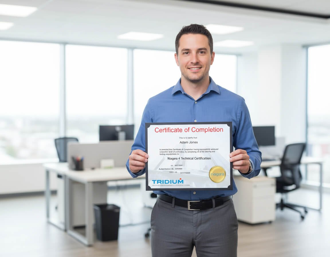 A man in a blue shirt holding a certificate of completion in an office setting with large windows.