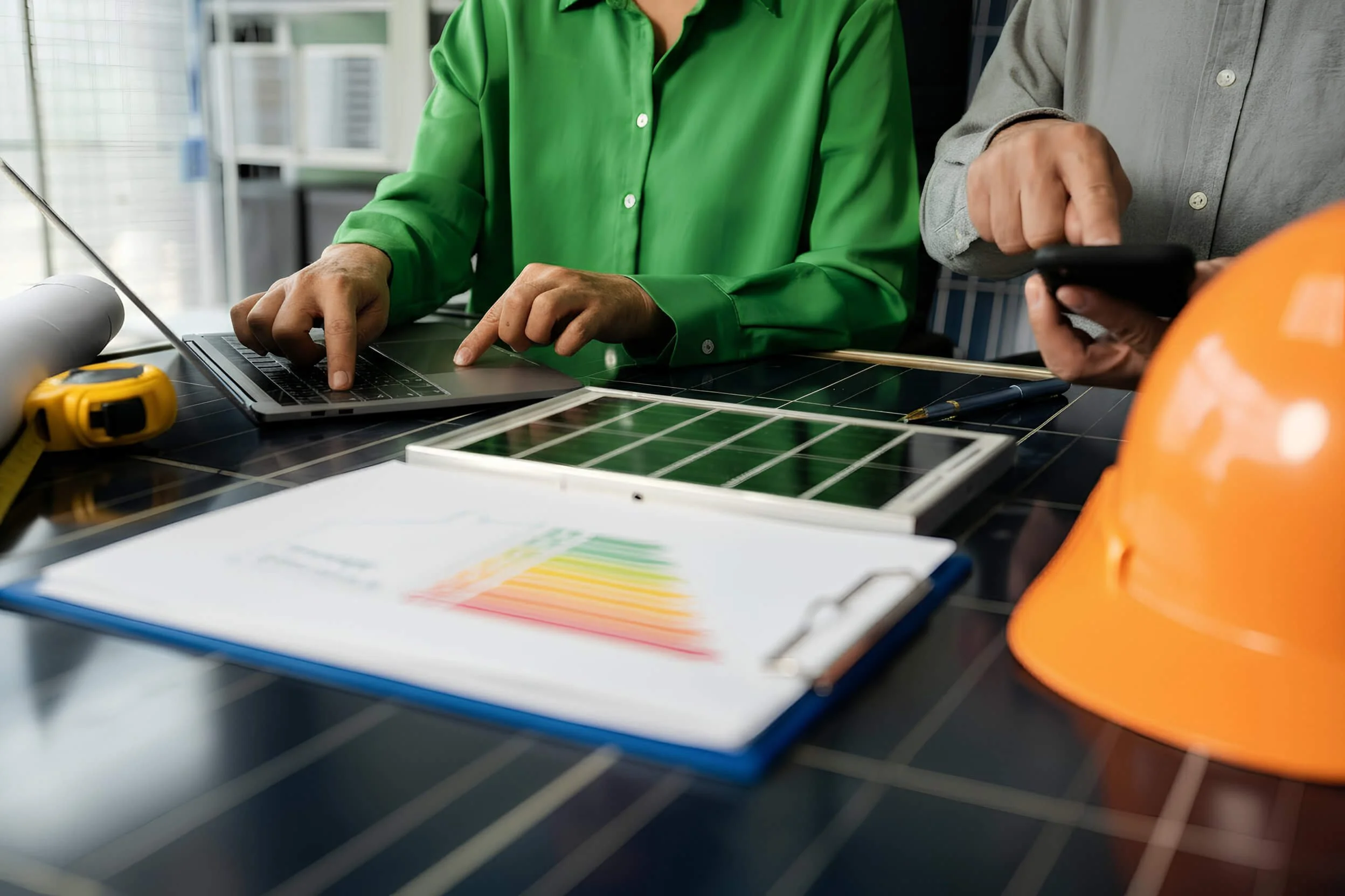 Two people working at a desk with a laptop, color swatches, a yellow measuring tape, and a safety helmet, likely in an industrial or design setting.
