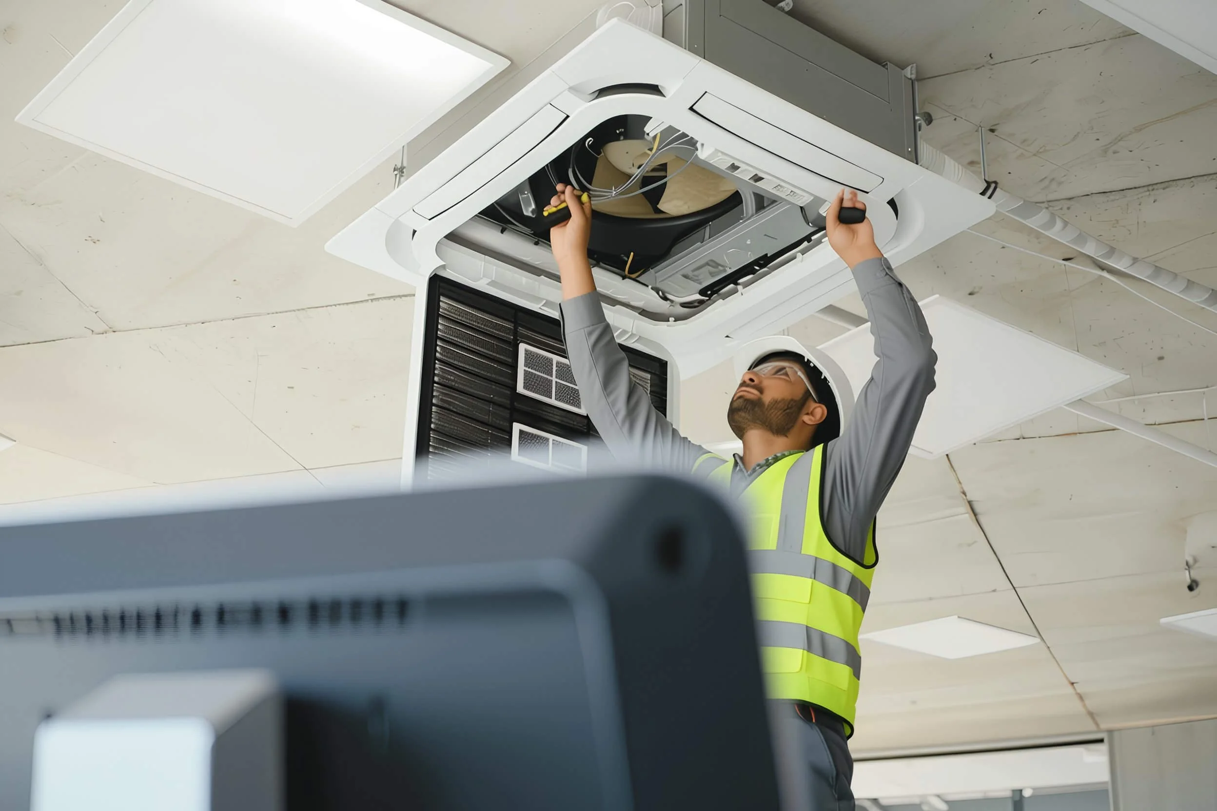 A man wearing safety glasses and a yellow reflective vest is working on a ceiling-mounted air conditioning unit. He is handling tools and wires inside the open panel of the unit.
