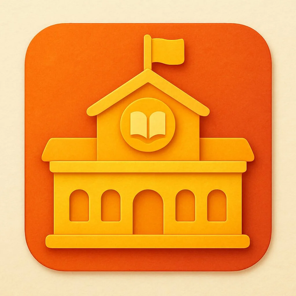 Icon of a school building with a flag and a book inside a circle, set against an orange rounded square background.