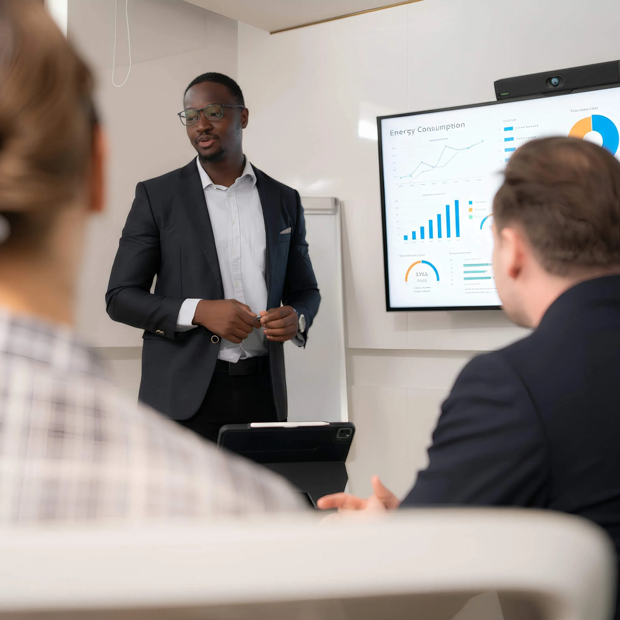 Business presentation in a meeting room with a man in a dark suit and glasses standing next to a large screen displaying graphs and charts about energy consumption, with three people seated around a table seen from behind.