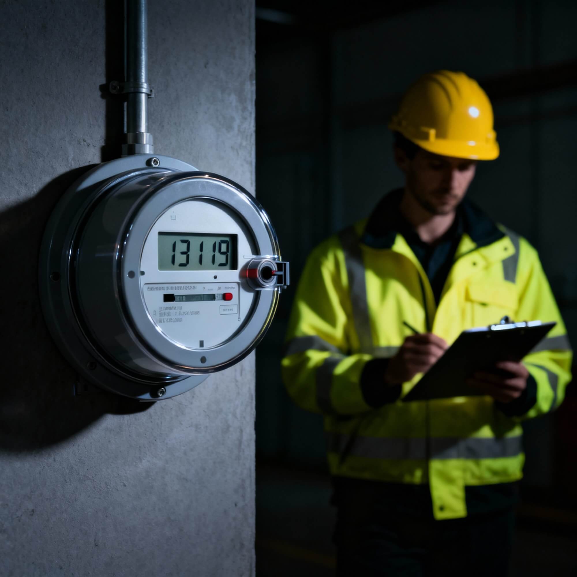 A digital electricity meter mounted on a gray concrete wall with a worker wearing a yellow safety helmet and high-visibility jacket in the background.