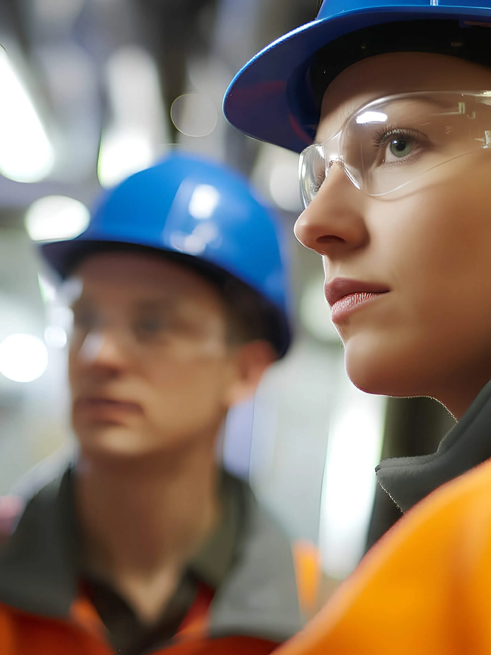 Close-up of two young boys wearing safety helmets and goggles, focusing on an activity, with the background blurred.
