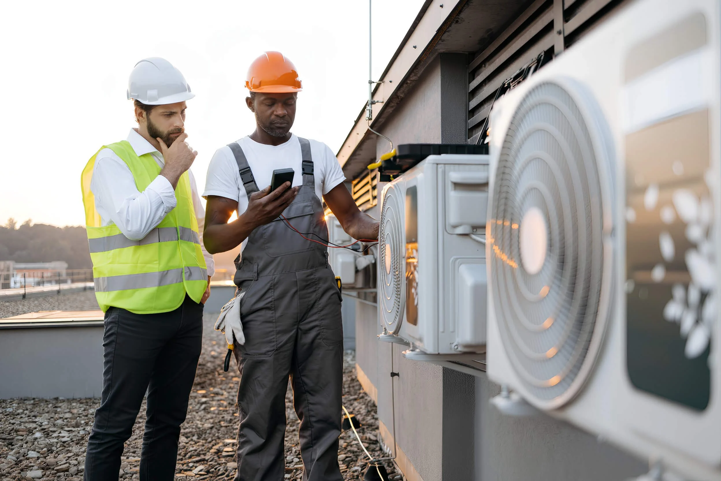 Two men wearing hard hats and safety vests inspecting and working on HVAC units outside at sunset.