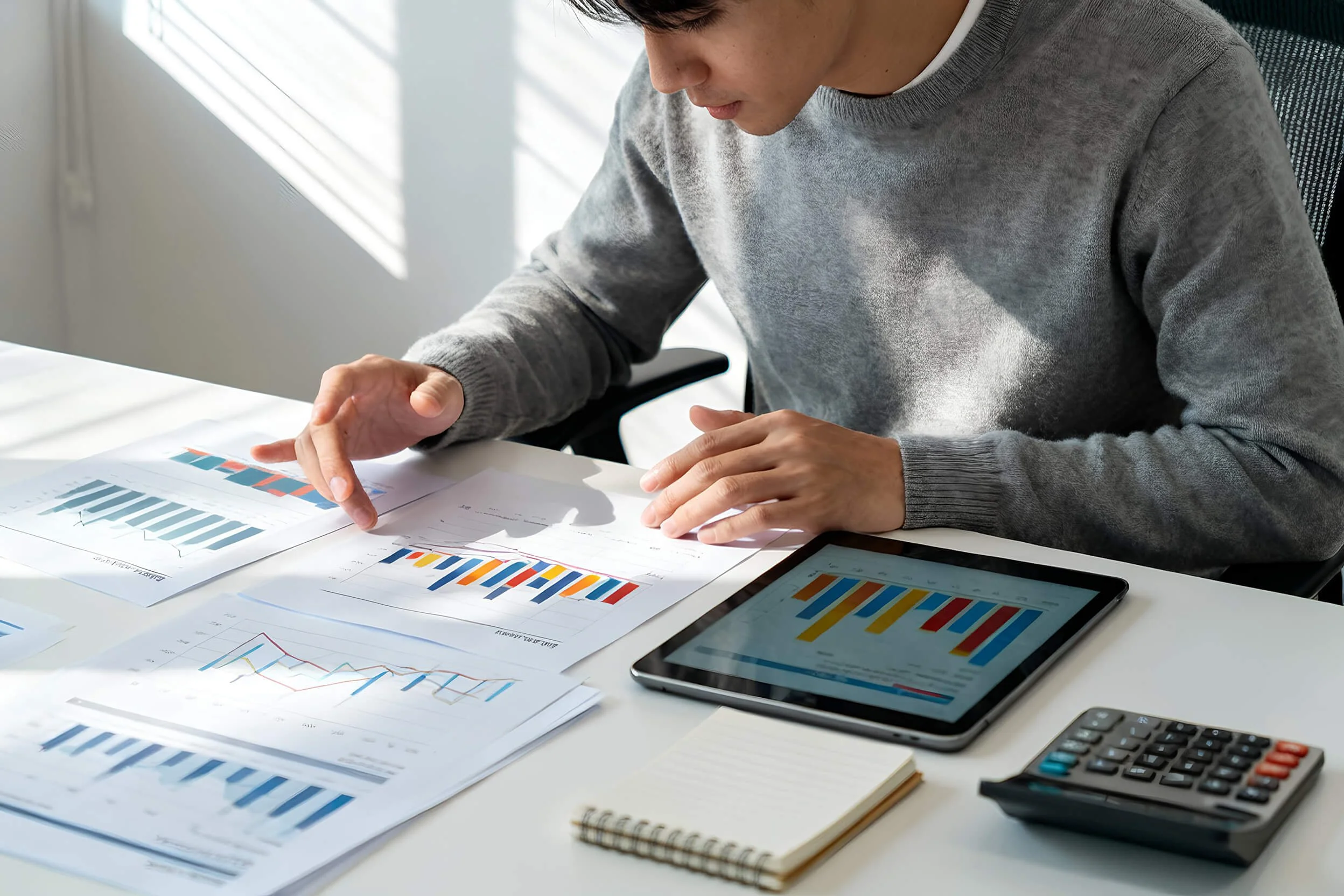 A man in a gray sweater sitting at a desk, pointing at various colorful bar charts and graphs on papers and digital devices, including a tablet and a calculator, with spreadsheets and notebooks nearby.