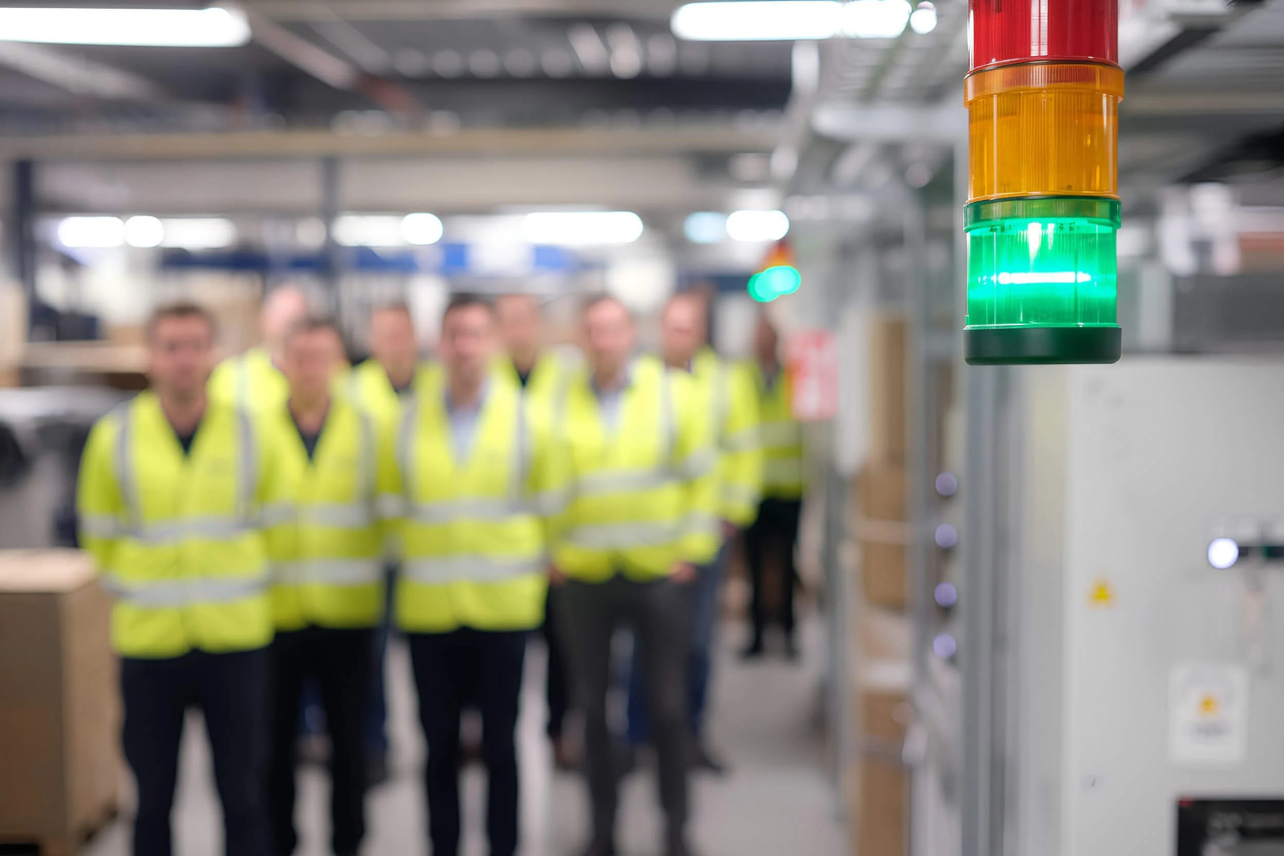A group of workers in high-visibility vests standing inside a warehouse with a large multi-colored signal light in the foreground.