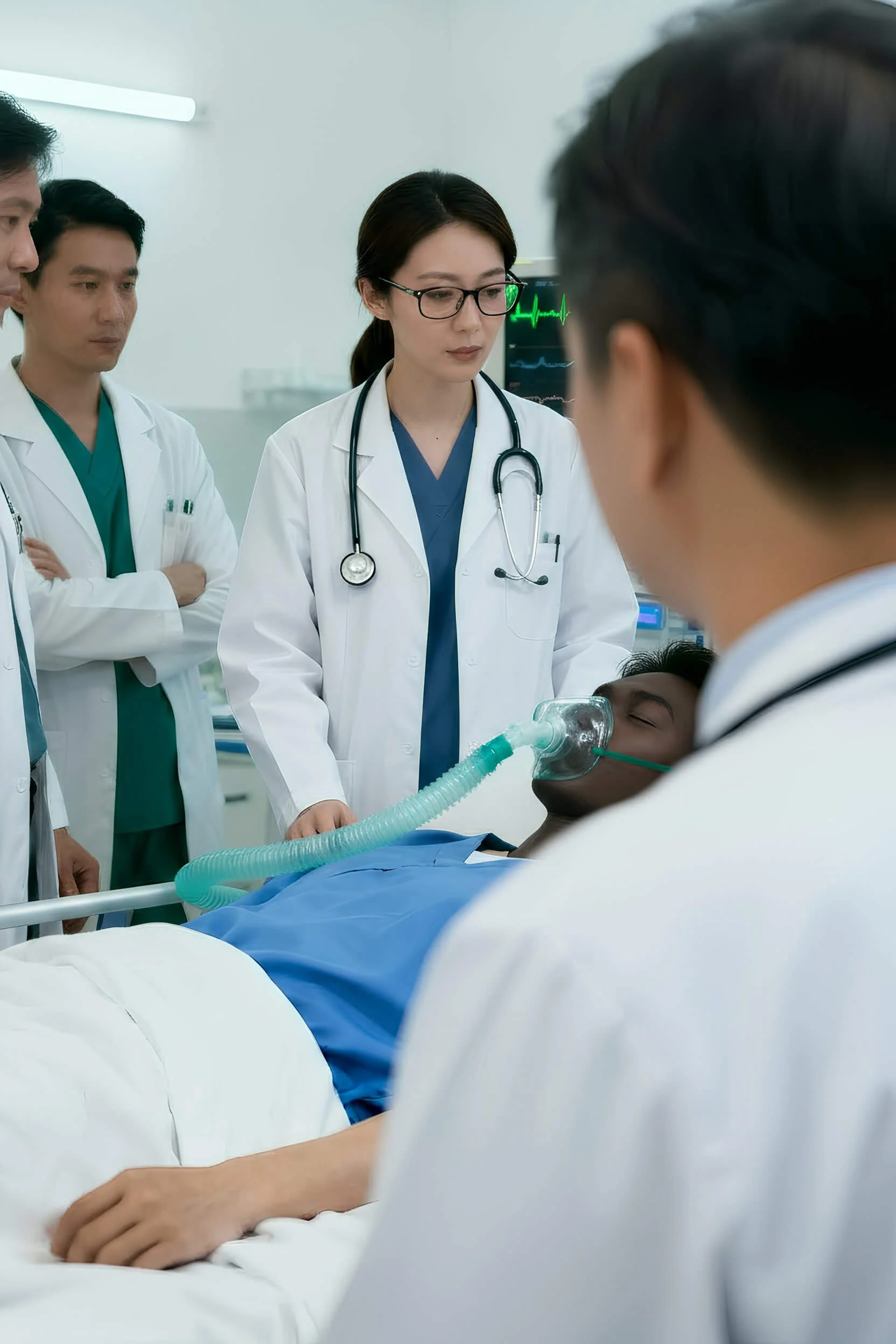 Doctors and nurses gathered around a patient lying in a hospital bed, with one doctor examining the patient and others observing, in a medical setting.