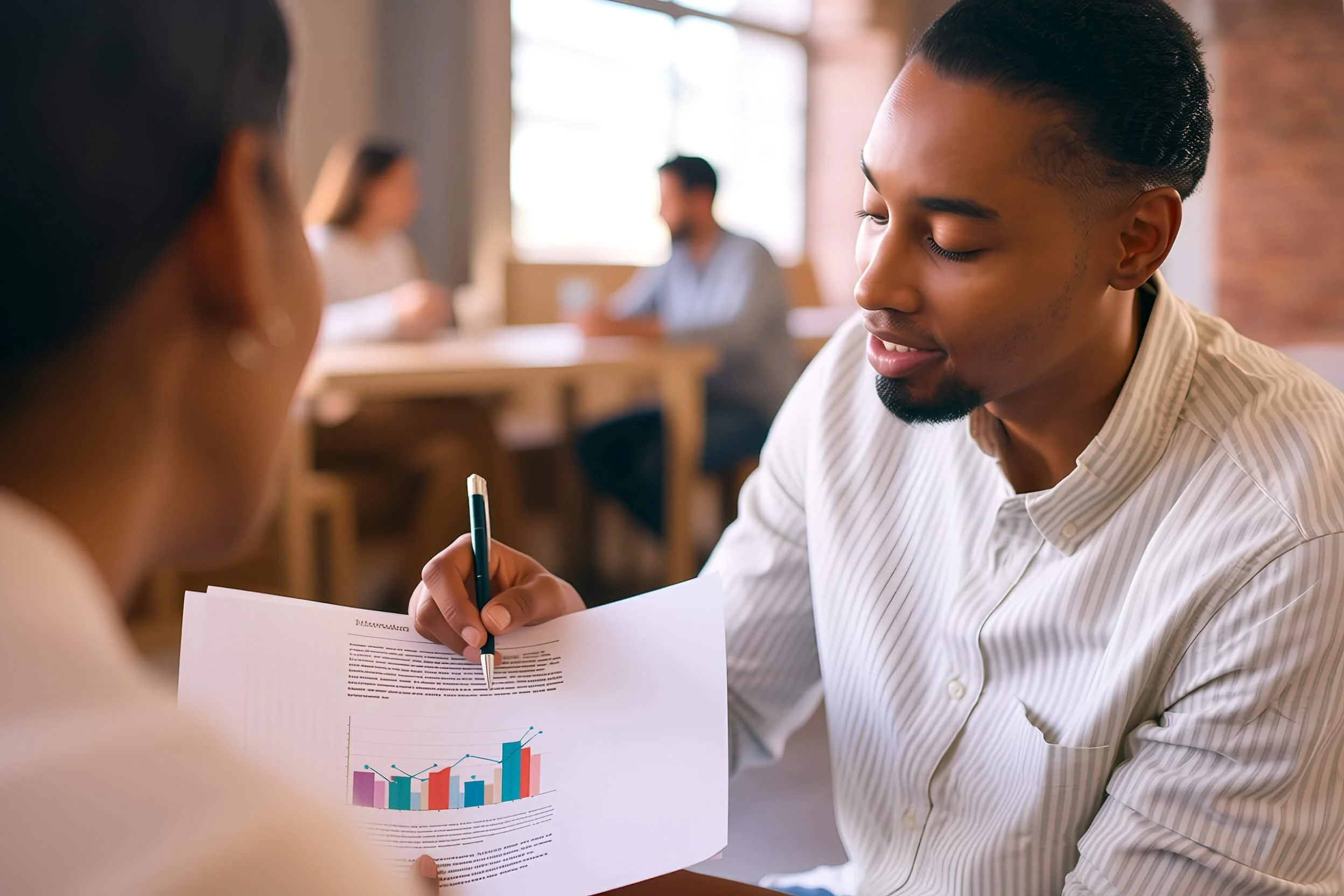 A young man in a striped shirt is reviewing a printed report with a colorful bar chart. A woman in the foreground is holding the report and pointing at it with a pen. There are two other people blurred in the background sitting at a table in a bright, modern office.
