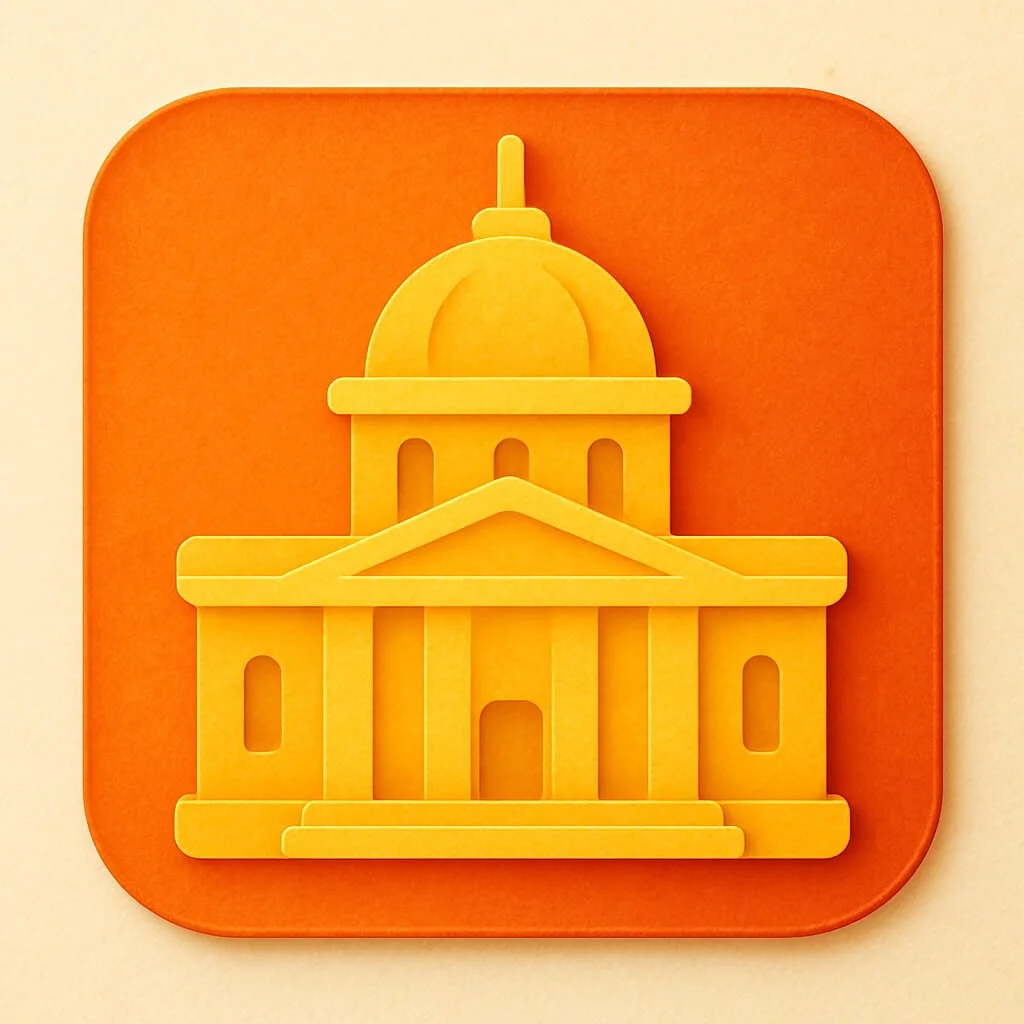 A wall clock with a yellow building design on an orange background, resembling a classical government or courthouse building.