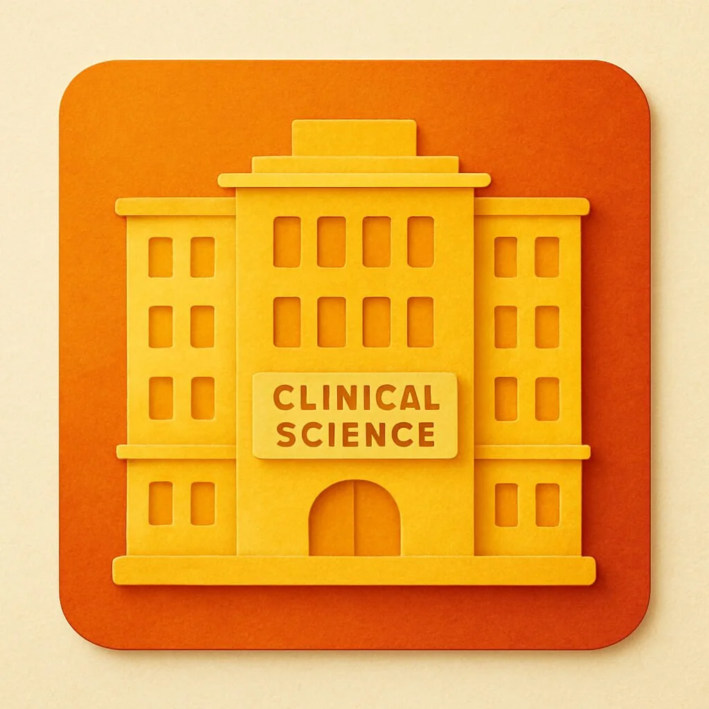A yellow foam cutout of a hospital building with a sign that says 'Clinical Science' against an orange background.