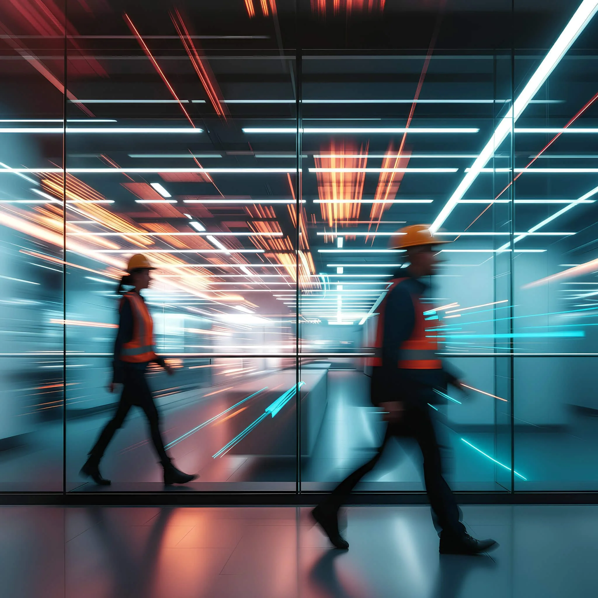 Two people walking past a reflective wall with colorful neon light streaks, creating a futuristic atmosphere.