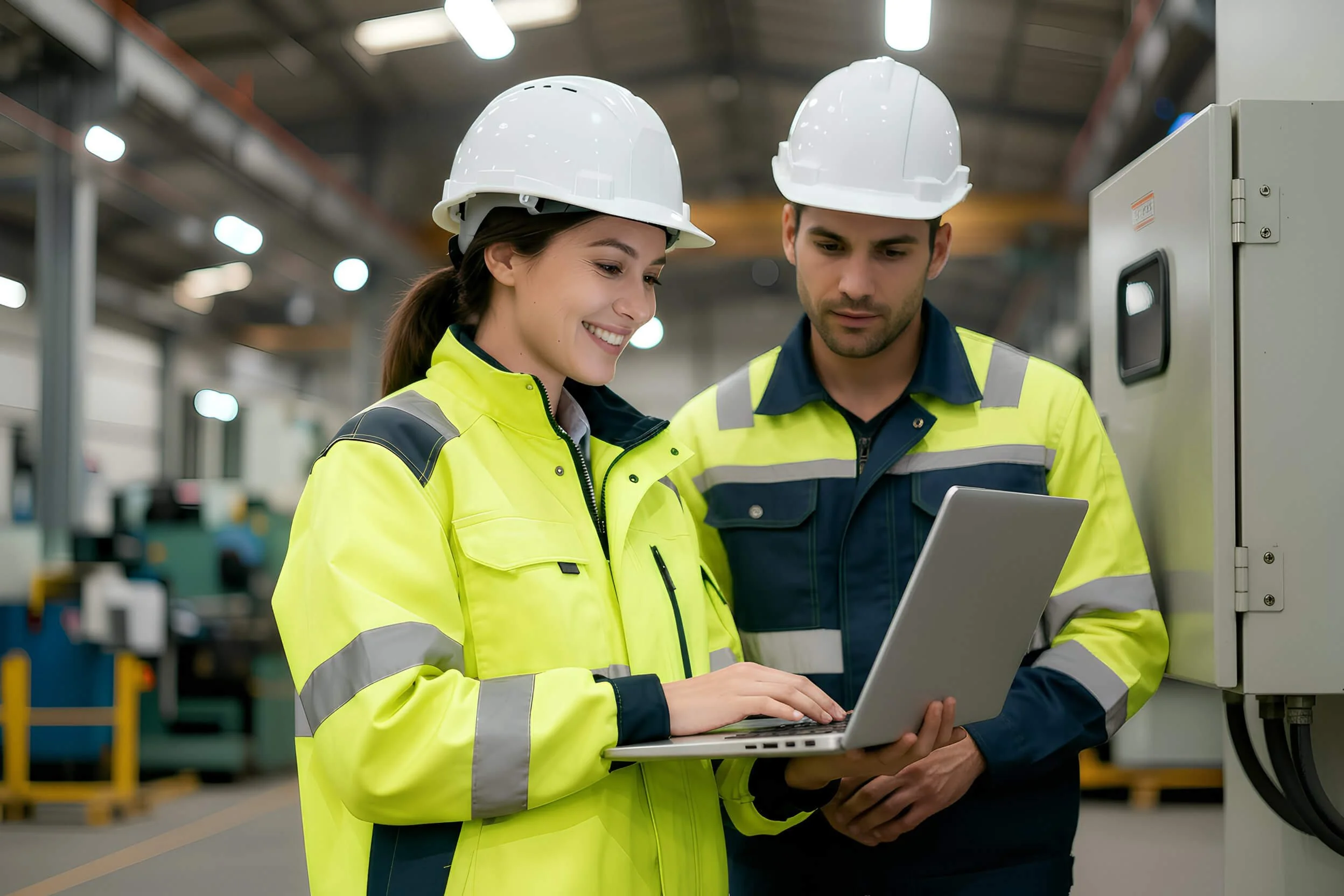 Two workers wearing yellow high-visibility jackets and white safety helmets inspecting a laptop inside an industrial warehouse.