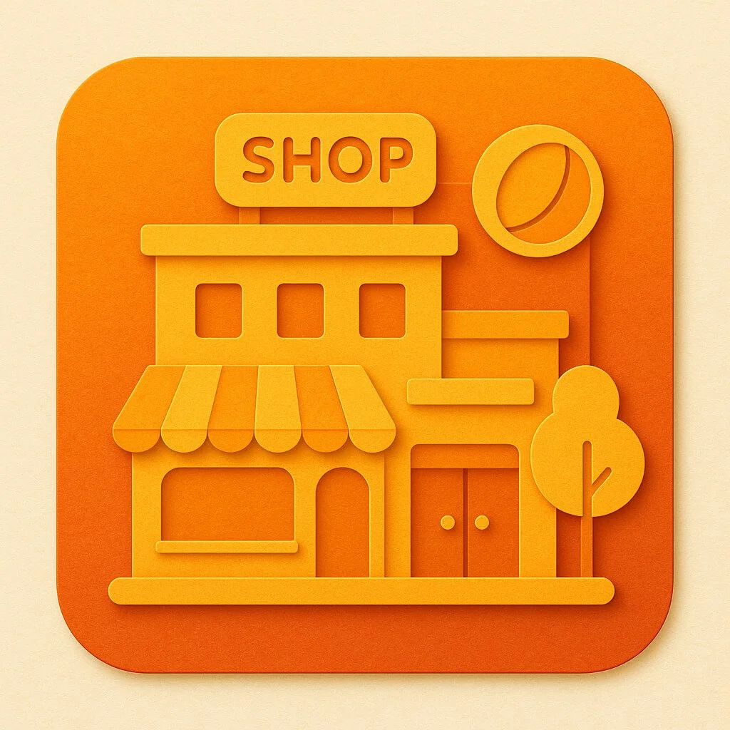 Orange icon representing a store or shopping mall with a sign labeled 'Shop', storefront with an awning, two windows, door, a tree, and a coin.