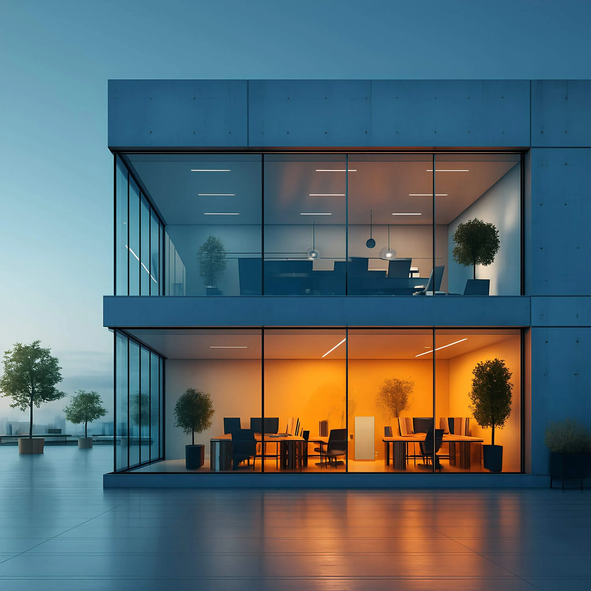 Modern building with glass walls and outdoor seating area, illuminated warm interior lighting, trees outside, during twilight.