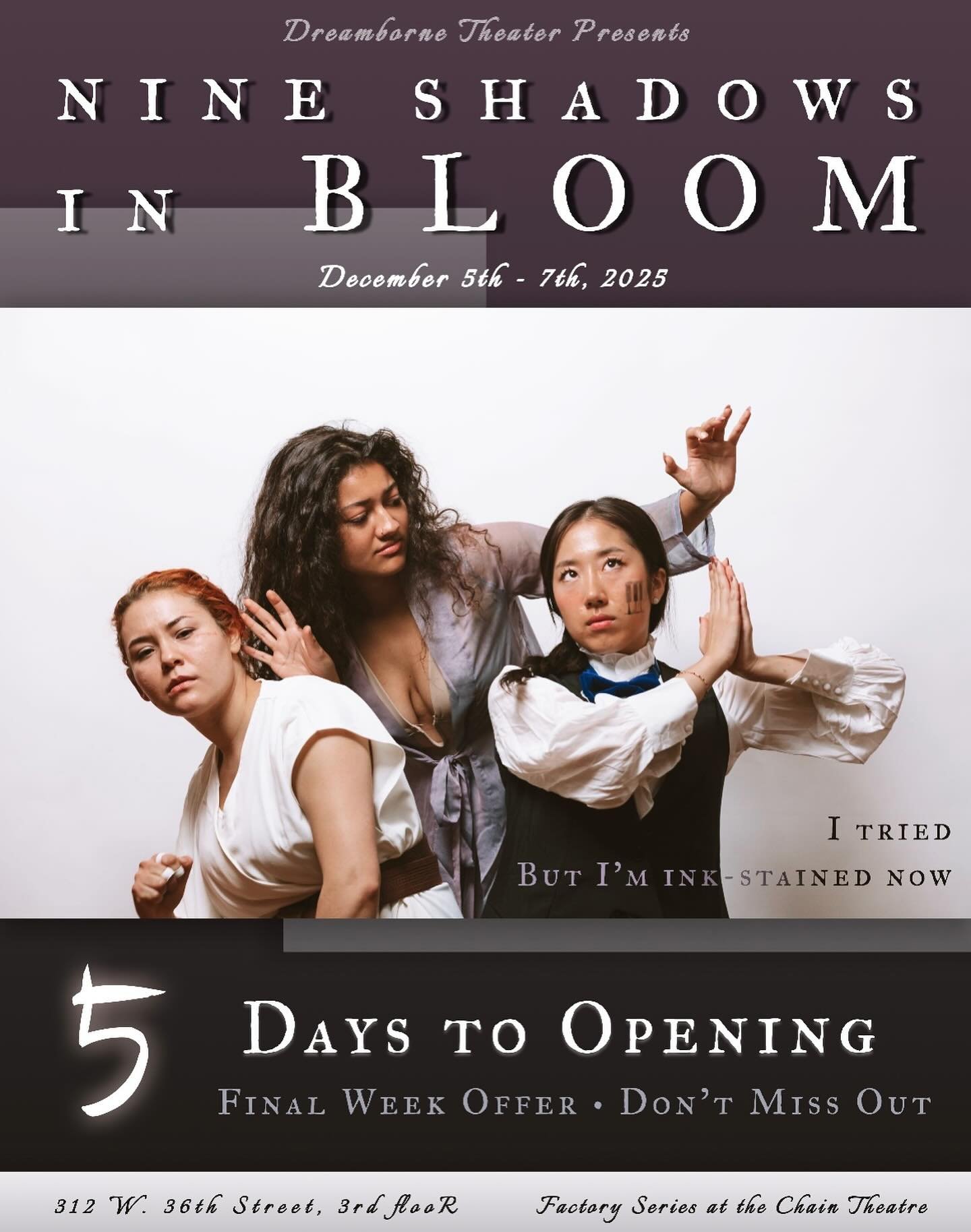 5 Days to Opening 
Final Week Offer &bull; Don&rsquo;t Miss Out

Photographer: Andy Li @iandy_li 
Featuring: Jo Reilly, Chaeyeon Kim, Becca Jimenez

12/5-7 @ Chain Theatre
🎐 Ticket link below and in bio 🎐
https://www.eventbrite.com/e/1826709791159?