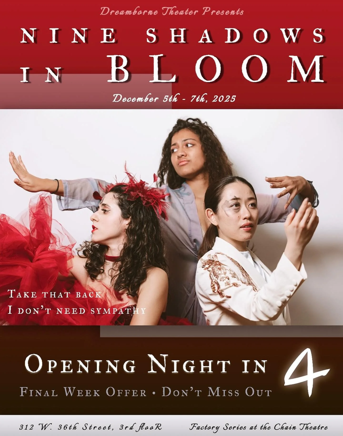 Opening Night in 4
Final Week Offer &bull; Don&rsquo;t Miss Out

Photographer: Andy Li @iandy_li 
Featuring: Jo Reilly, Pahlig Avakian, Ryoka Matsumoto

12/5-7 @ Chain Theatre
🎐 Ticket link below and in bio 🎐
https://www.eventbrite.com/e/1826709791