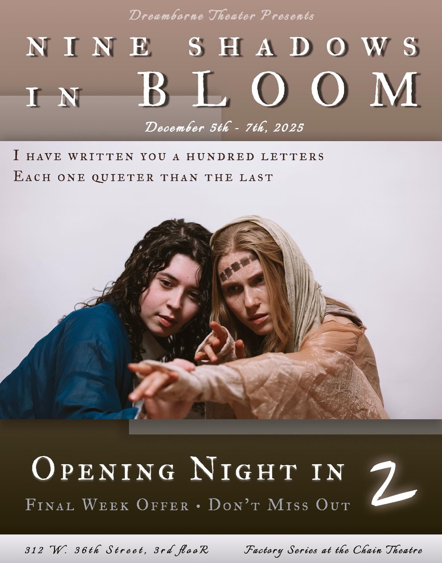 Opening Night in 2
Final Week Offer &bull; Don&rsquo;t Miss Out

Photographer: Andy Li @iandy_li 
Featuring: Twila Fraser-Hewlett, Esme Mitchell

12/5-7 @ Chain Theatre
🎐 Ticket link below and in bio 🎐
https://www.eventbrite.com/e/1826709791159?aff