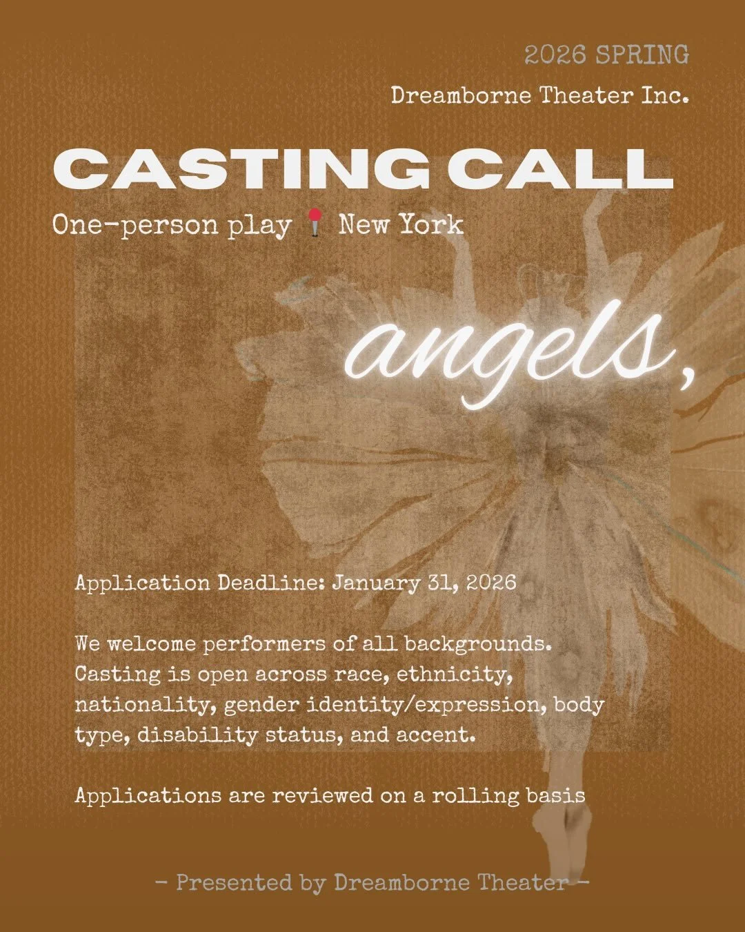 CASTING CALL &mdash; angels,
2026 Spring Workshop Production
Dreamborne Theater is now casting angels, an original one-person play exploring presence, waiting, and existentialism.
We are seeking:
&mdash; The Messenger: The sole performer
&mdash; The 