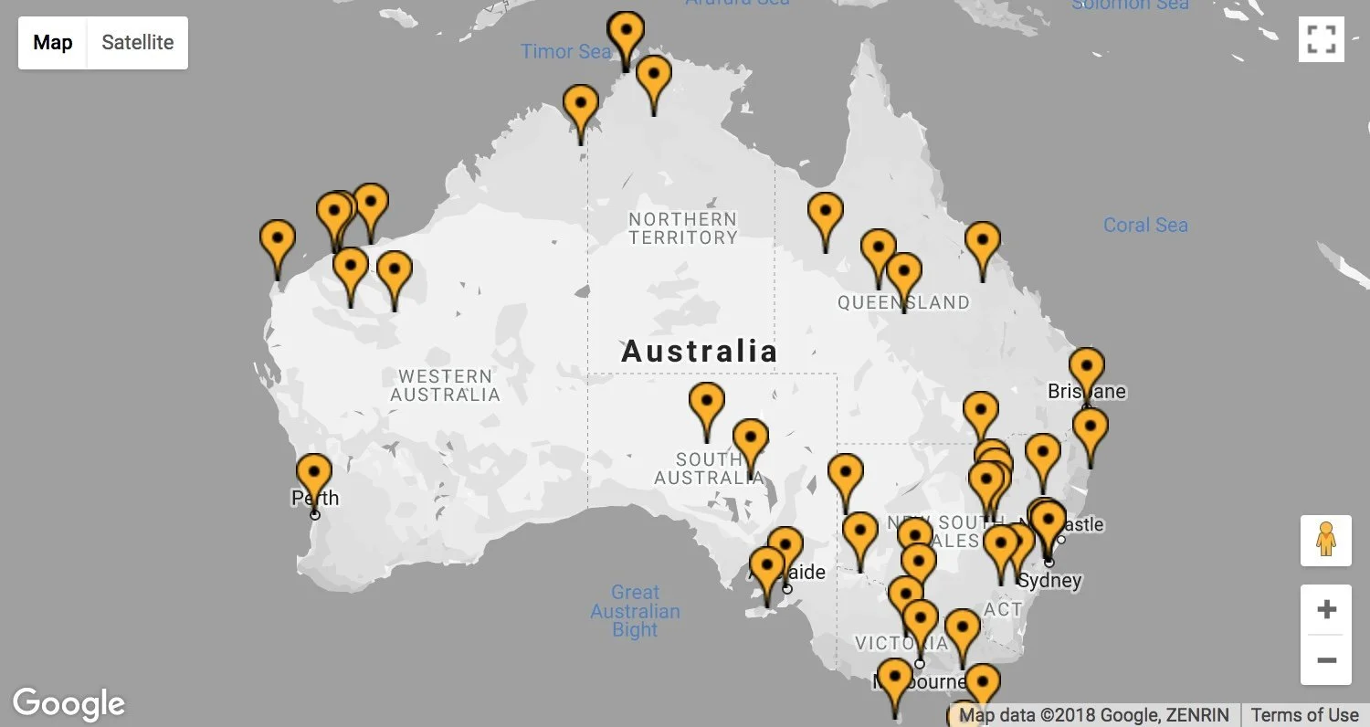 Map of Australia with multiple orange location markers across the country, indicating various points of interest.