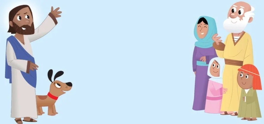 Cartoon depiction of Jesus talking to a group of people, including a woman with a headscarf, an elderly man with a white beard, and two children, with a happy dog nearby.