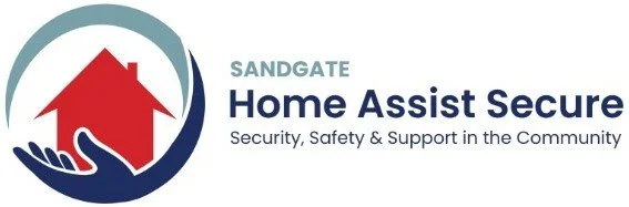 Sandgate Home Assist Secure logo with a red house, blue hands, and a blue circular background, including text about security, safety, and community support.