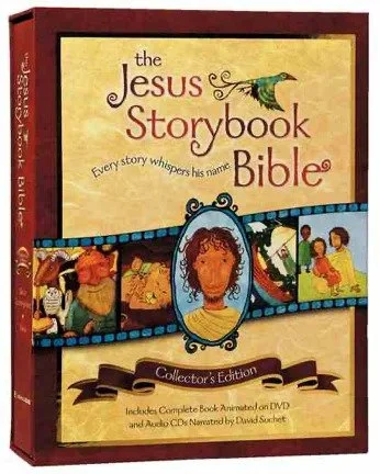Cover of 'The Jesus Storybook Bible Collector's Edition,' featuring an illustration of a hummingbird and a film reel with a portrait of a woman in the center, and scenes from biblical stories.