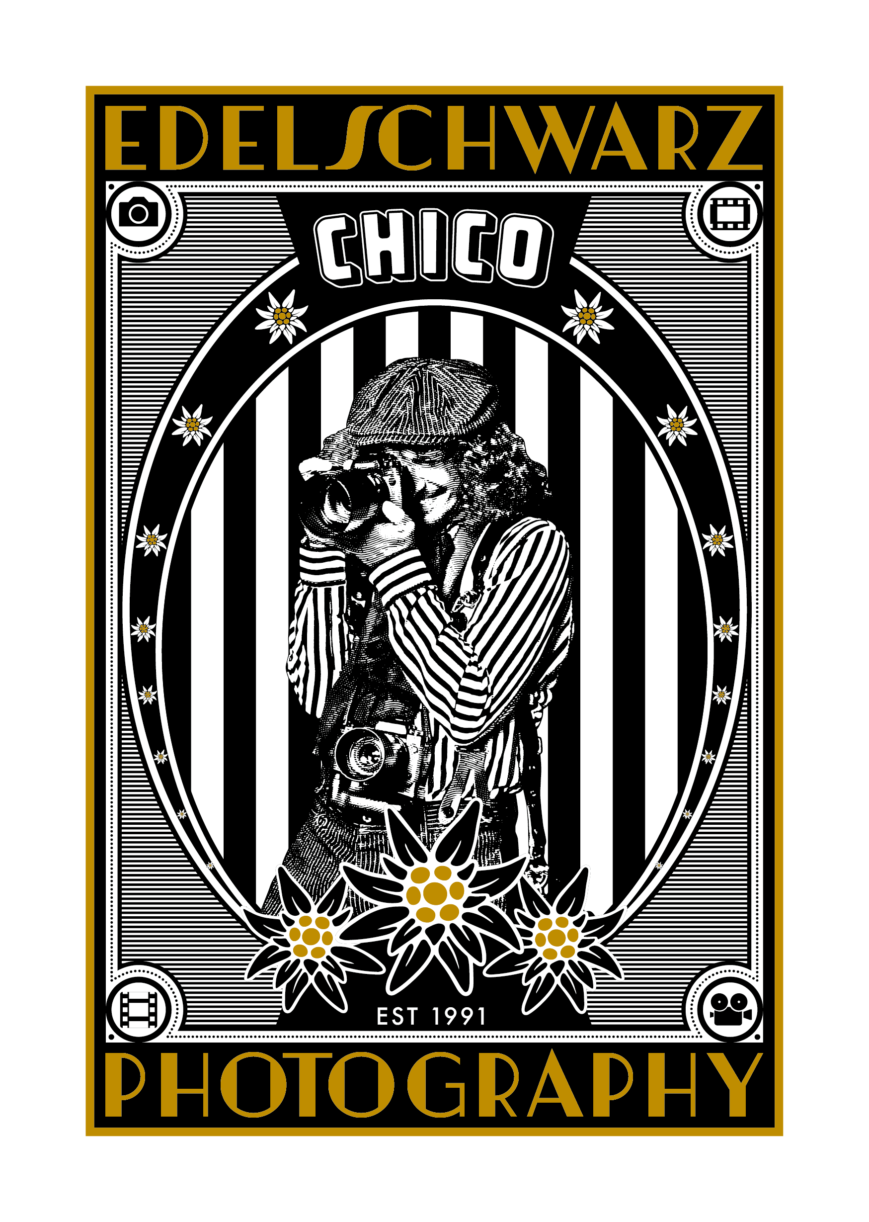 Vintage Foto-Motiv auf einem Briefmarken-Design mit einem Kind, das eine Kamera hält, um sich das Auge zu halten. Der Hintergrund hat schwarze und weiße Streifen, umrahmt von Blumen, mit Texten wie 'EdelSchwarz', 'Chico', 'Photography' und 'Est 1991'