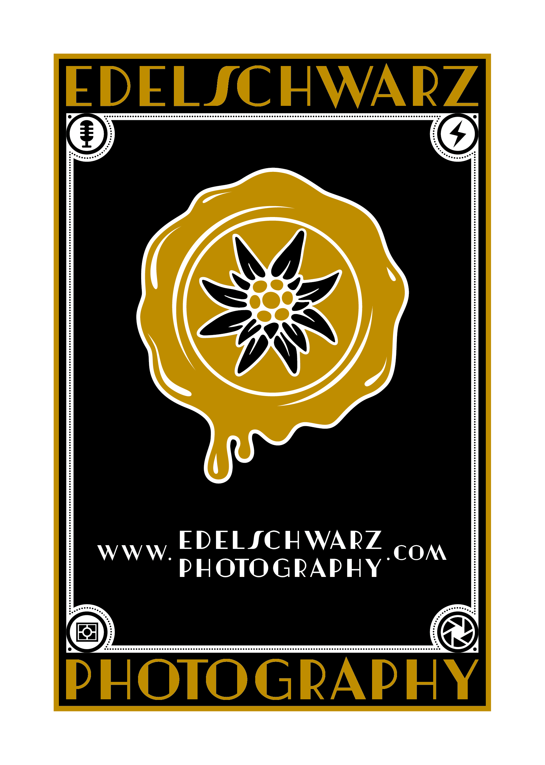 Stempel-Design mit schwarzem und goldenem Farbthema, zeigt eine goldene wax-Seal mit einer schwarzen und goldenen Blume in der Mitte, und Text 'Edel Schwarz Photography' und die Webseite www.EDelschwarz.com.