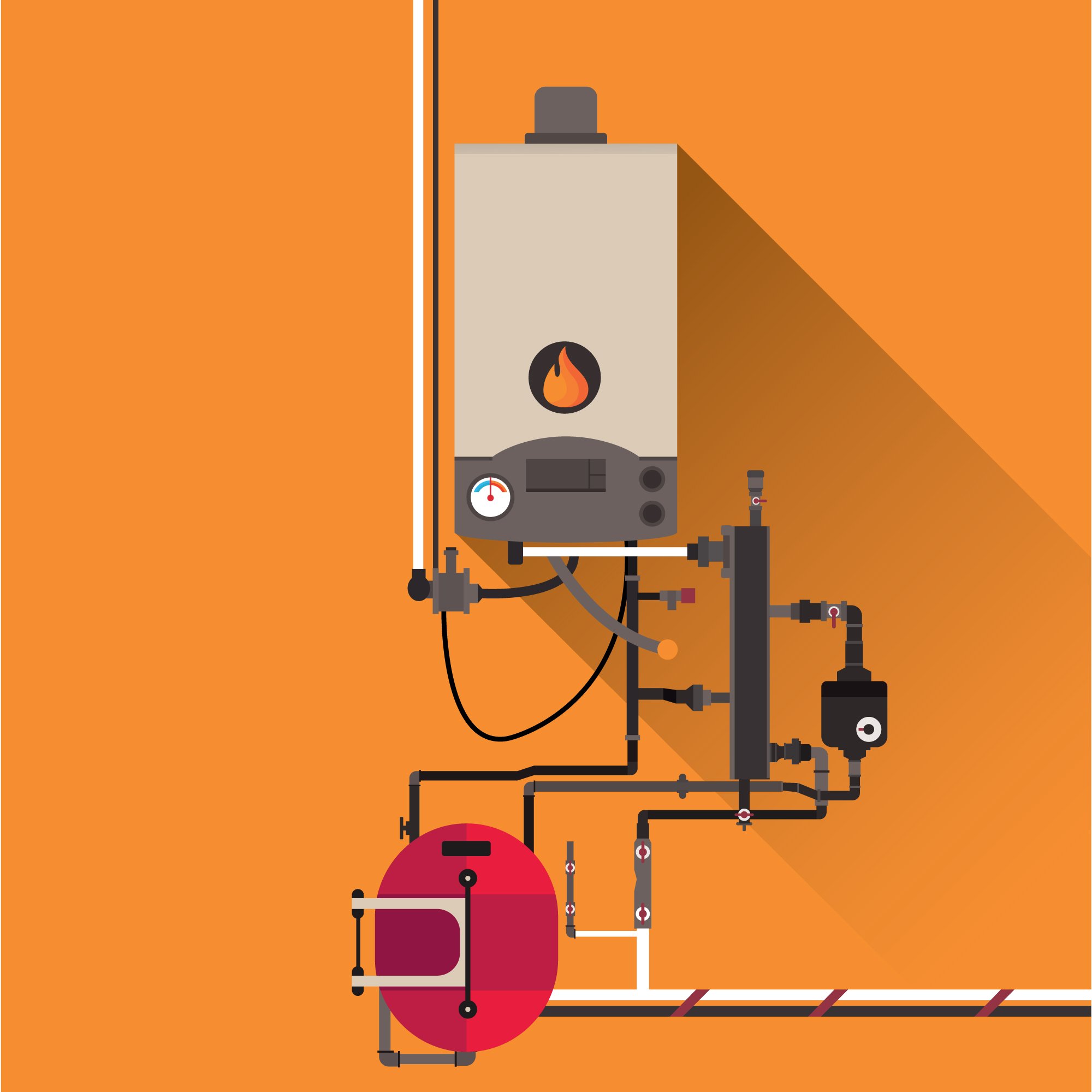 A digital illustration of a boiler system with a beige boiler on an orange wall, connected to pipes and a red expansion tank, with gauges and valves for temperature and pressure control.