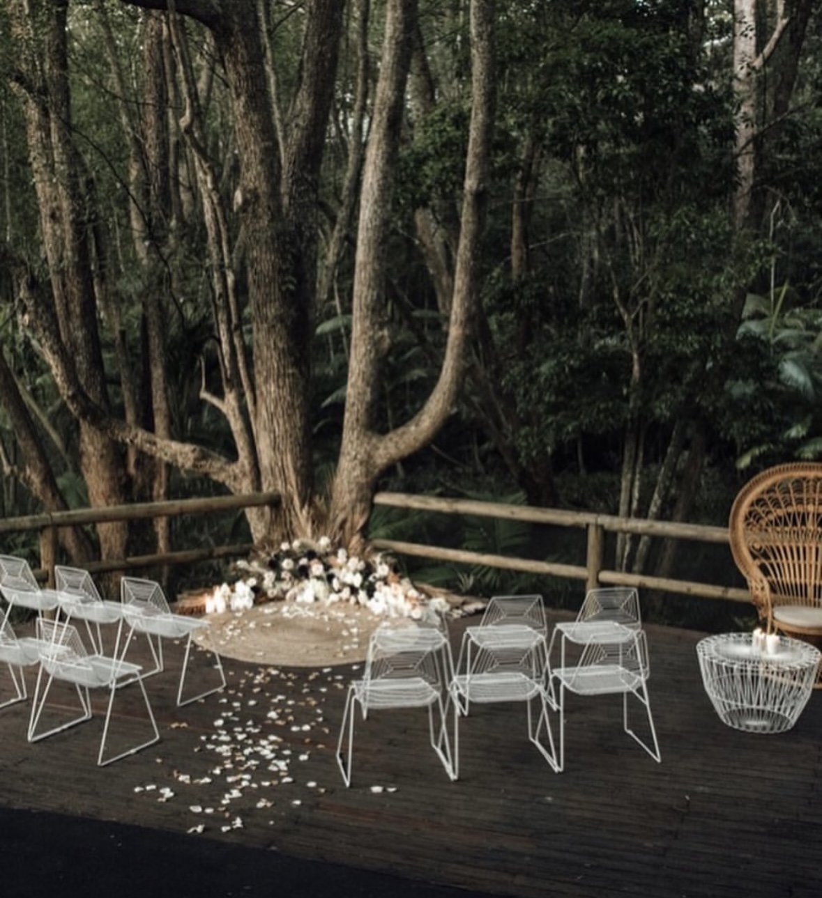 Outdoor wedding ceremony setup with white chairs arranged on a wooden deck, flower petals scattered on the floor, a floral arch at the base of a large tree, and a wicker chair on the right, surrounded by lush green forest.