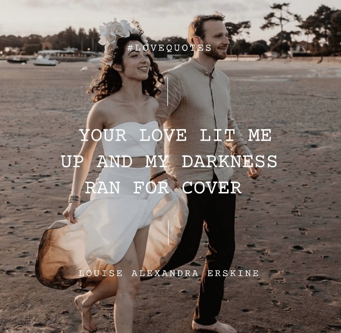 A couple walking barefoot on a beach during sunset, with text overlay sharing a romantic quote.
