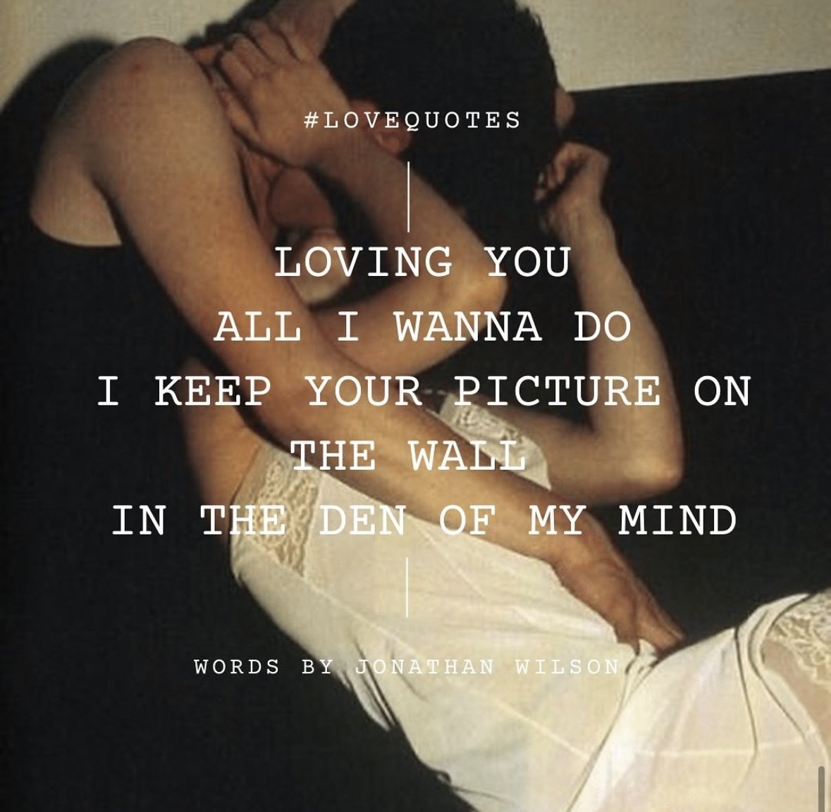 A couple lying on a bed, embracing each other intimately, with overlaid text expressing love and affection.