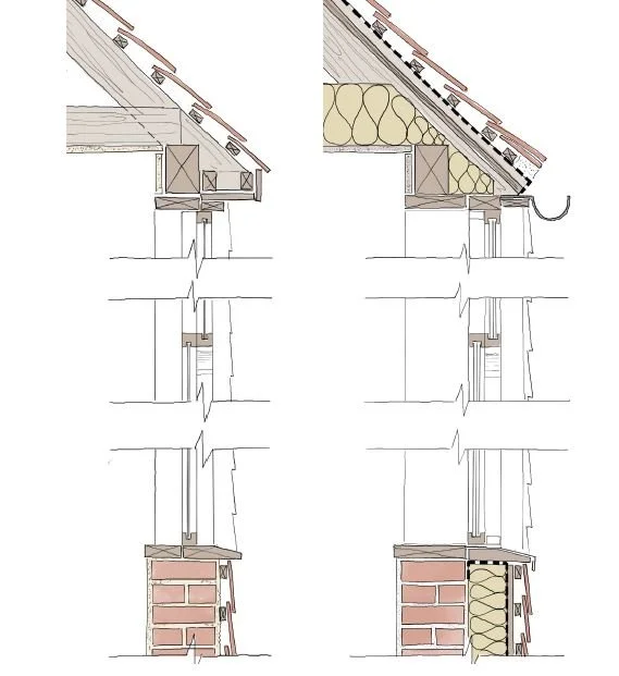 Comparison of roof insulation methods, showing traditional insulation and spray foam insulation.