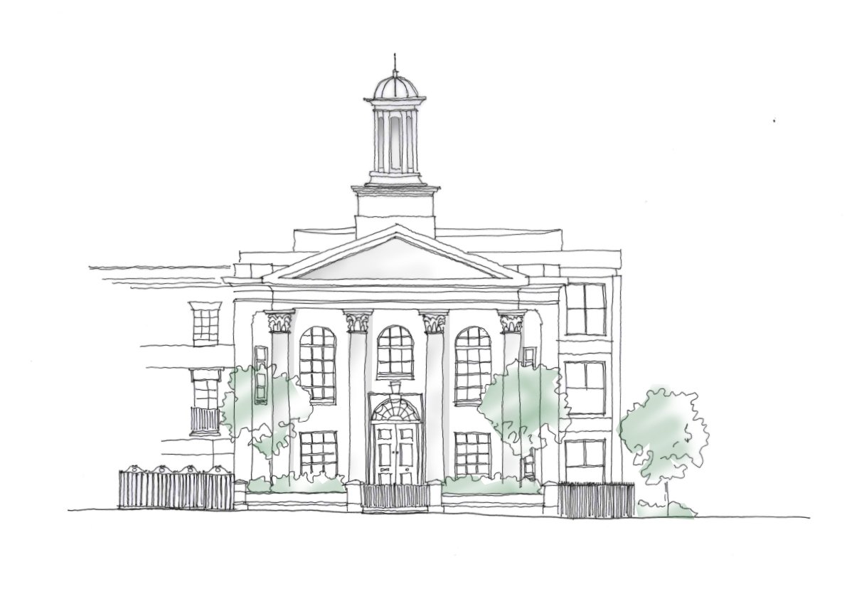 Line drawing of a historic building with columns, arched windows, and a clock tower, surrounded by trees and a fence.