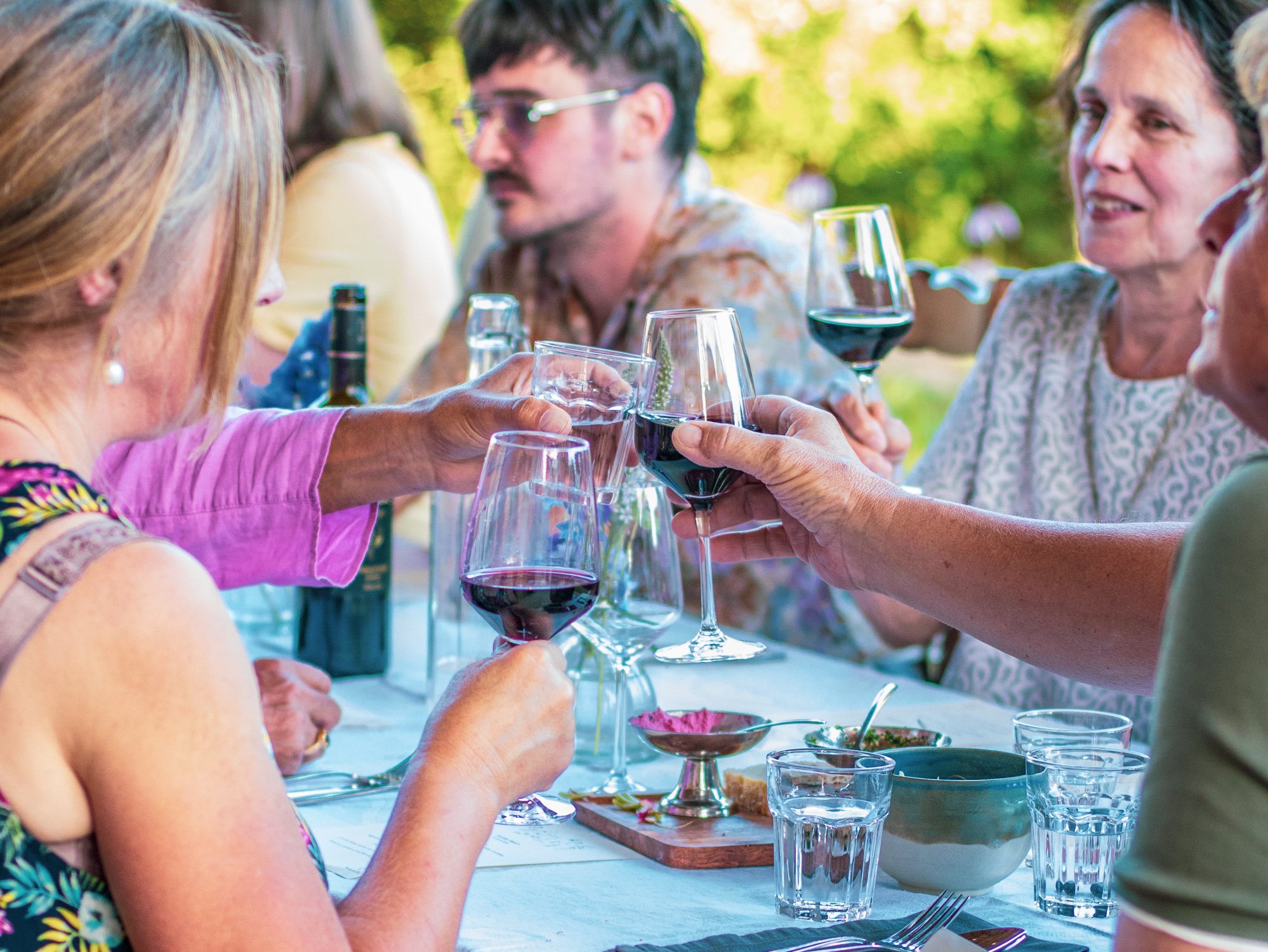 People gathered around a table outdoors, making a toast with glasses of red wine, with food and beverages on the table.