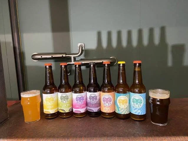 Seven beer bottles with colorful labels aligned on a bar counter, with a glass of beer on each side and a bottle opener overhead.