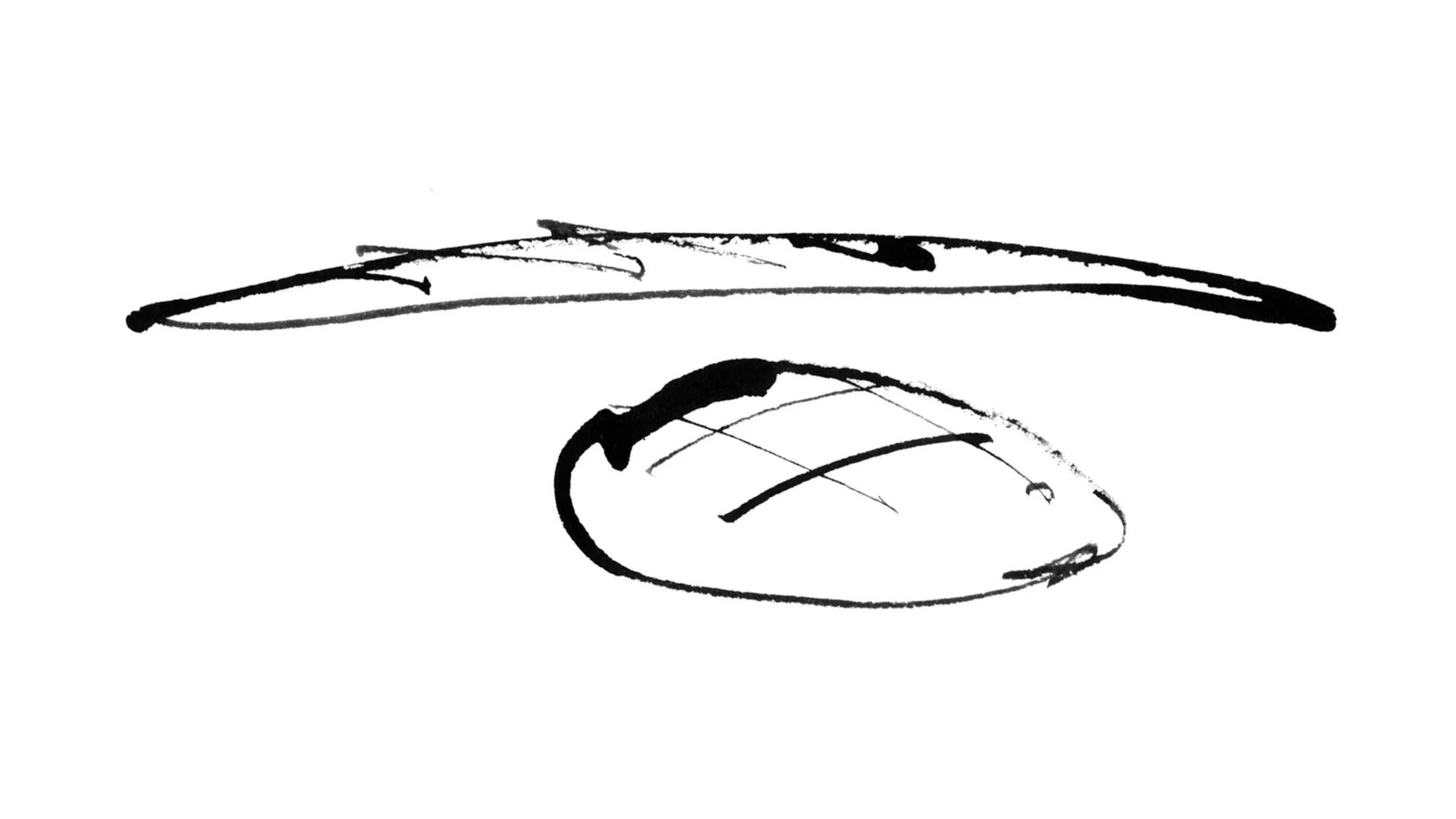 Black ink sketch of a person lying on the ground with a long object above someone else's head