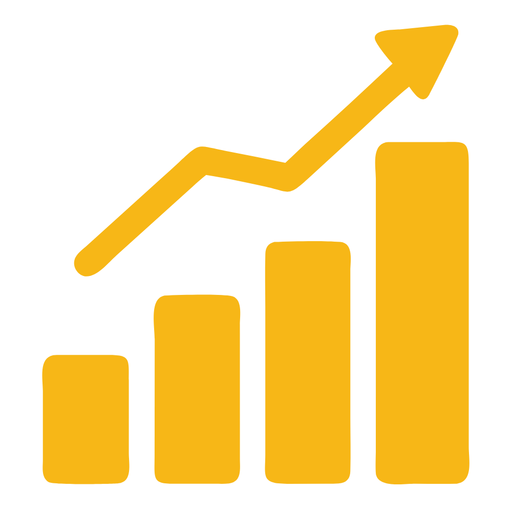 A gold bar graph with four ascending bars and an upward-pointing arrow indicating growth or increase.