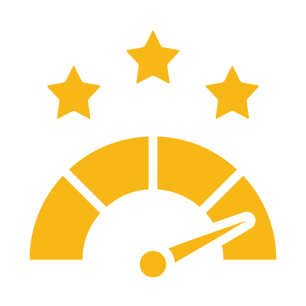 A gauge meter with a yellow needle pointing towards high, three yellow stars above, and a black background.