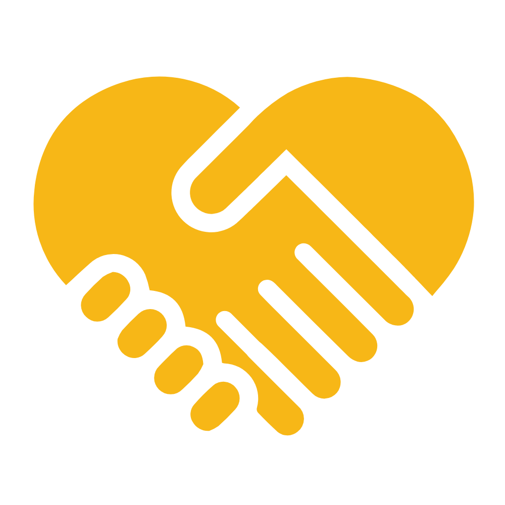 Icon of two hands shaking forming a heart shape in black and yellow.